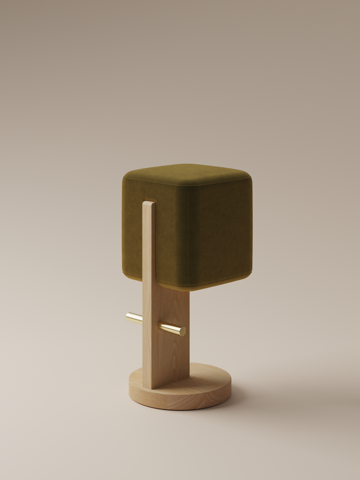 Form and Moment Ice Cream Barstool in North American White Ash with Olive Green Velvet - Front-Left View
