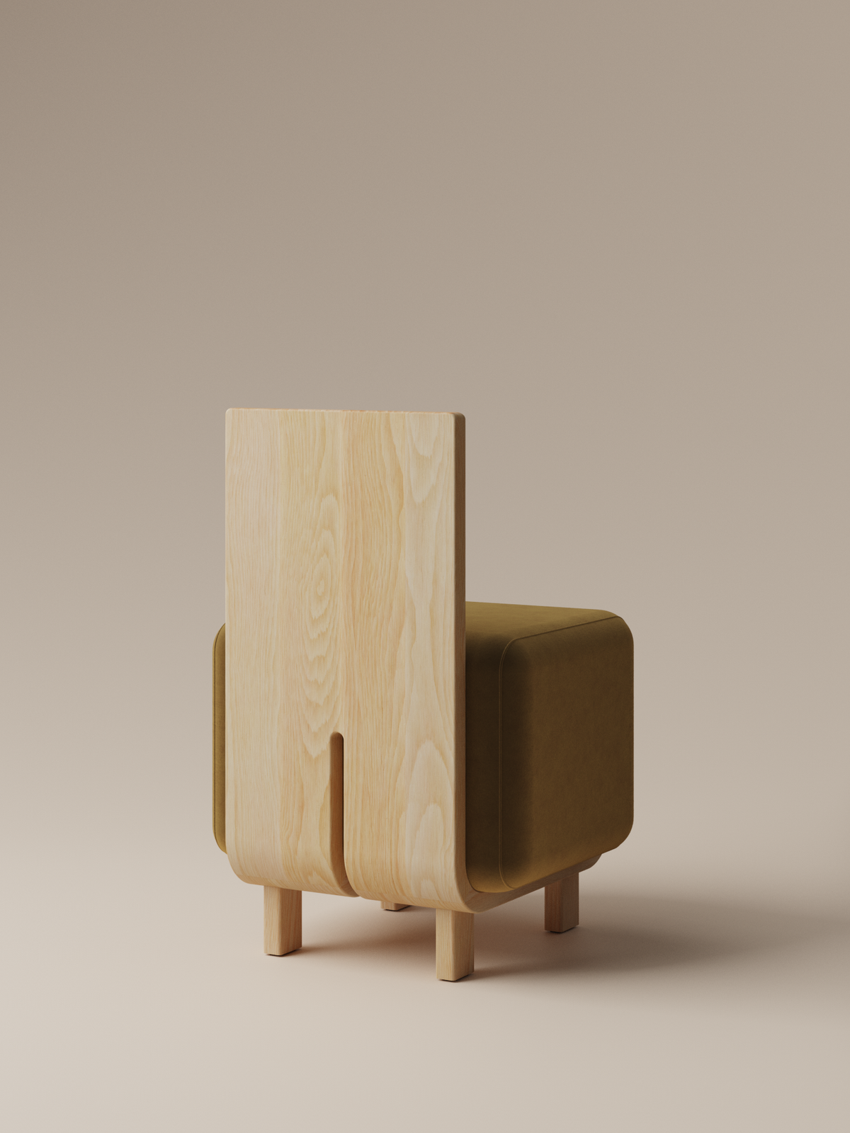 Form and Moment Onigi Chair in North American White Ash with Golden Mustard Velvet - Angled Back View