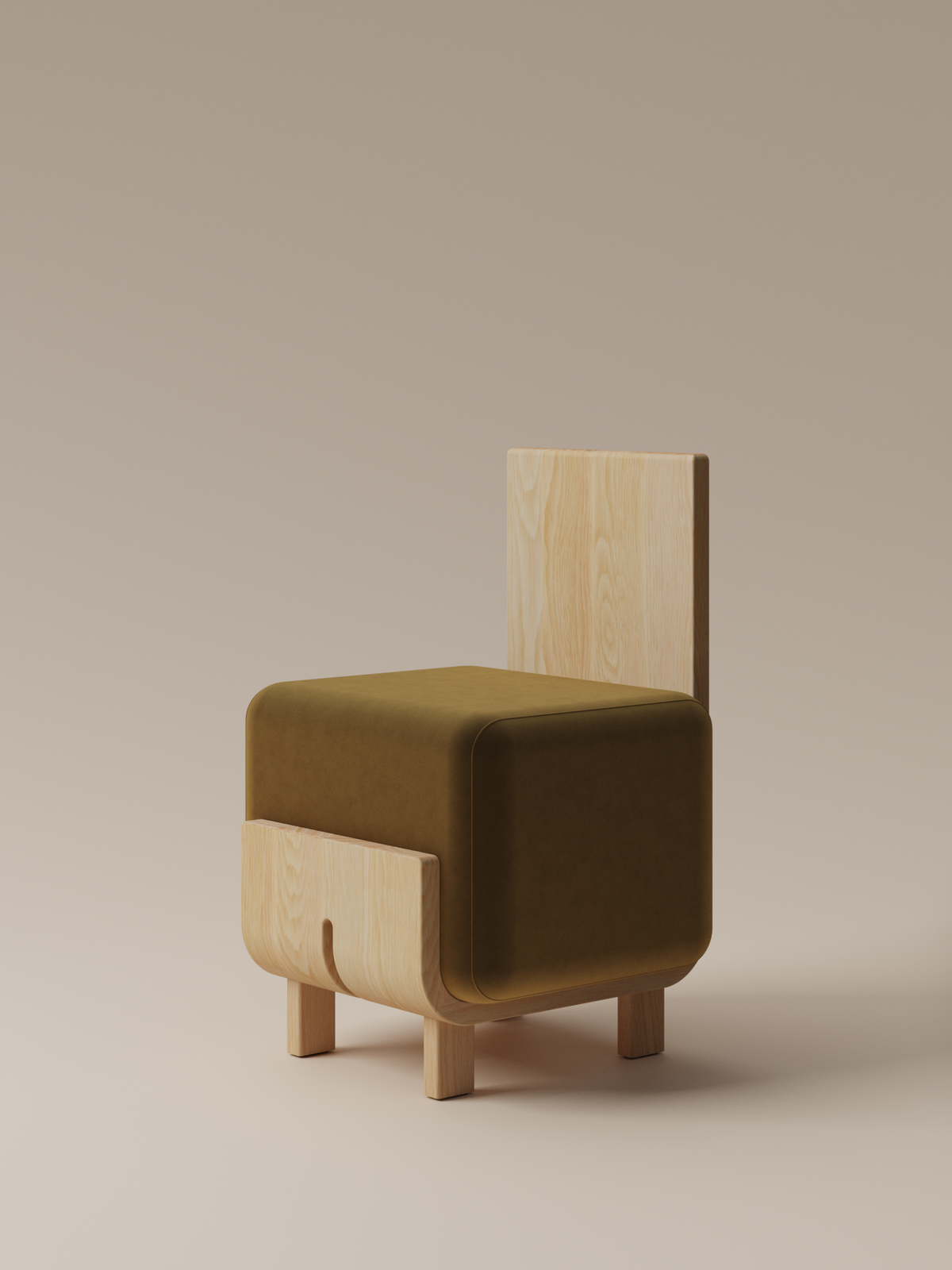 Form and Moment Onigi Chair in North American White Ash with Golden Mustard Velvet - Front-Left View