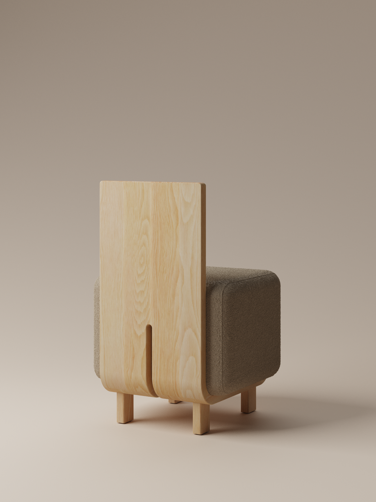 Form and Moment Onigi Chair in North American White Ash with Mocha Boucle - Angled Back View