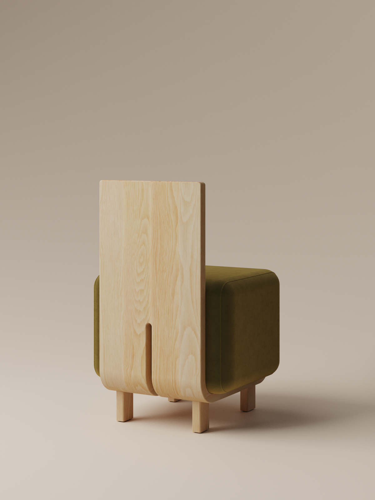 Form and Moment Onigi Chair in North American White Ash with Olive Green Velvet - Angled Back View