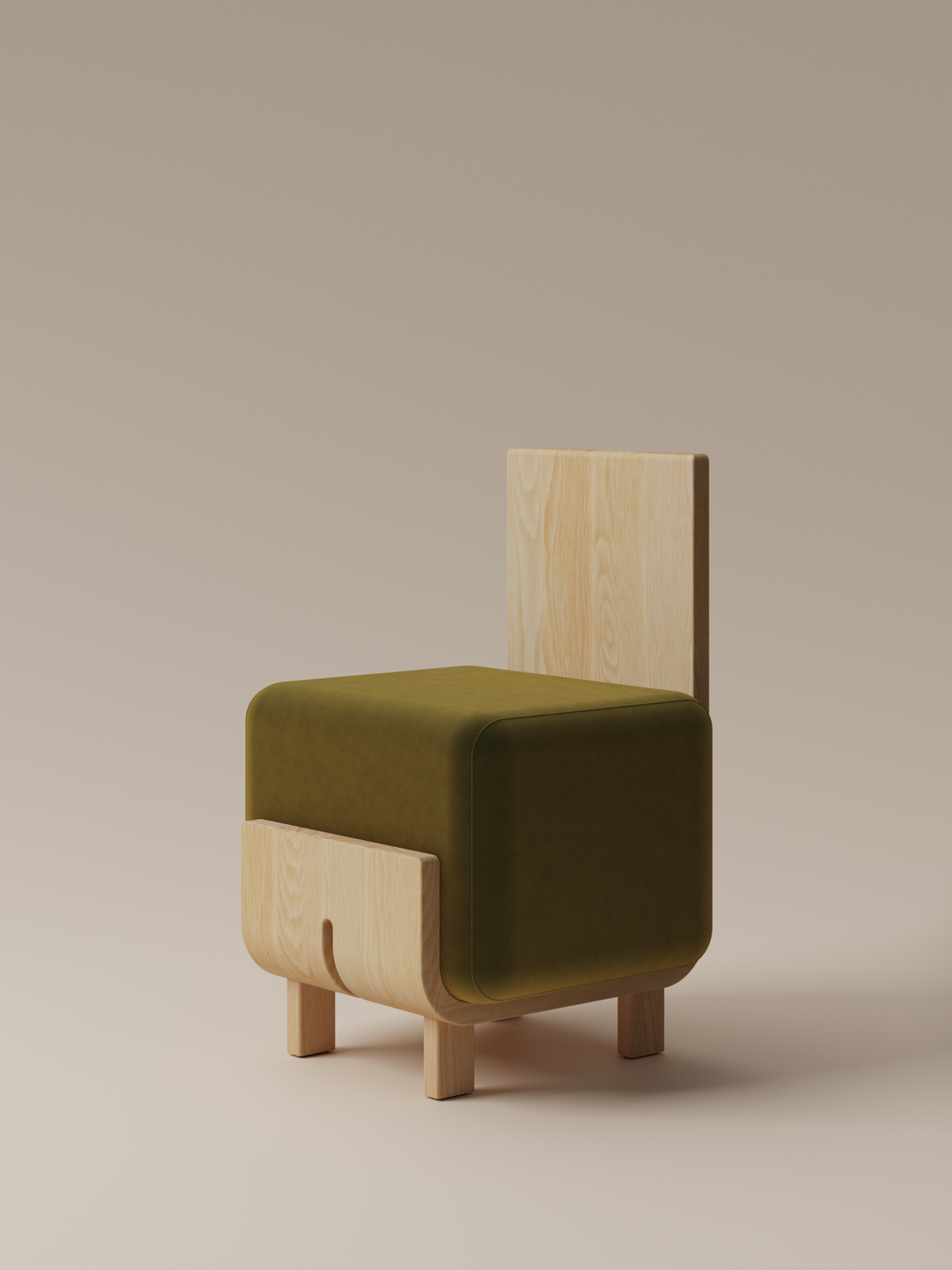 Form and Moment Onigi Chair in North American White Ash with Olive Green Velvet - Front-Left View