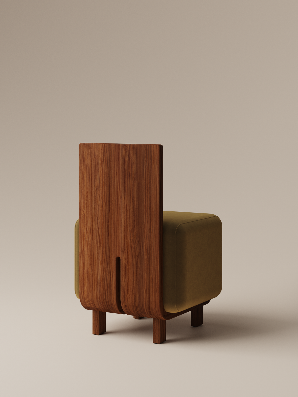 Form and Moment Onigi Chair in North American Black Walnut with Golden Mustard Velvet - Angled Back View
