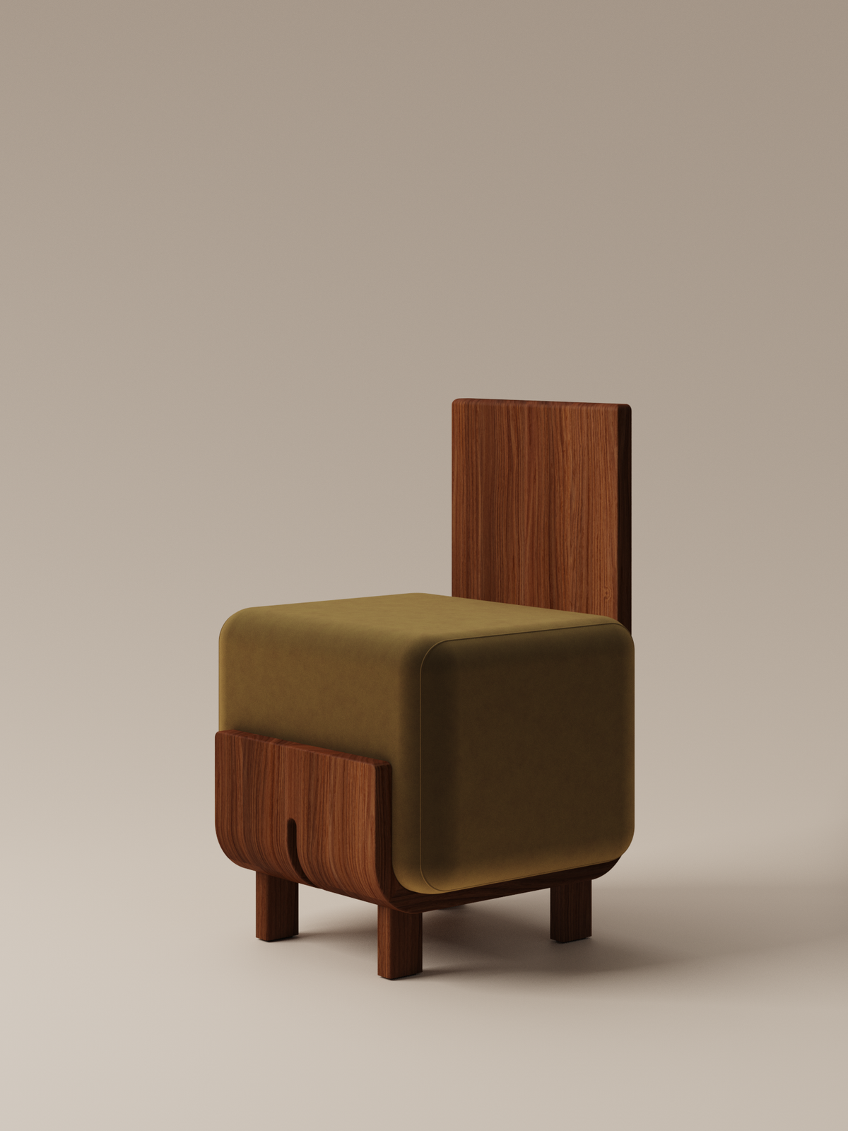 Form and Moment Onigi Chair in North American Black Walnut with Golden Mustard Velvet - Front-Left View