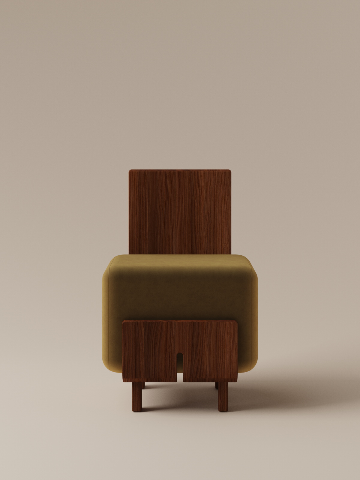 Form and Moment Onigi Chair in North American Black Walnut with Golden Mustard Velvet - Front View