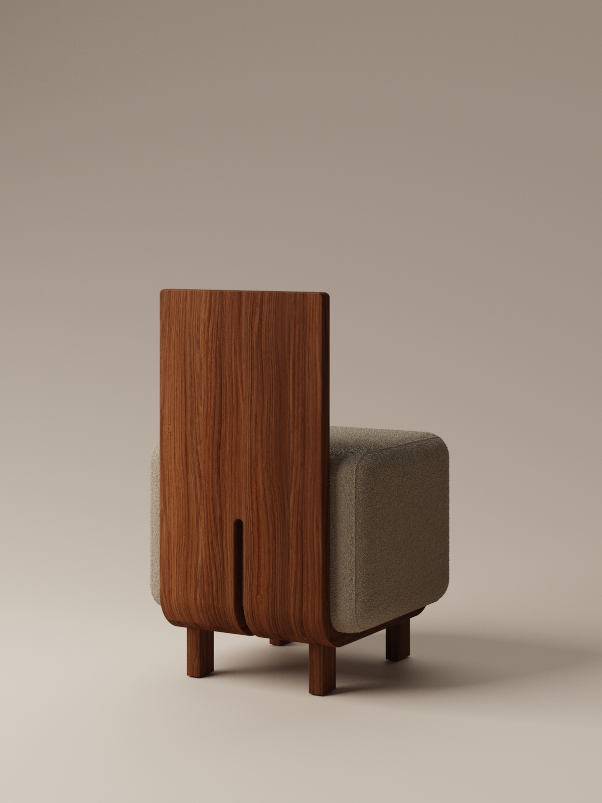 Form and Moment Onigi Chair in North American Black Walnut with Mocha Boucle - Angled Back View
