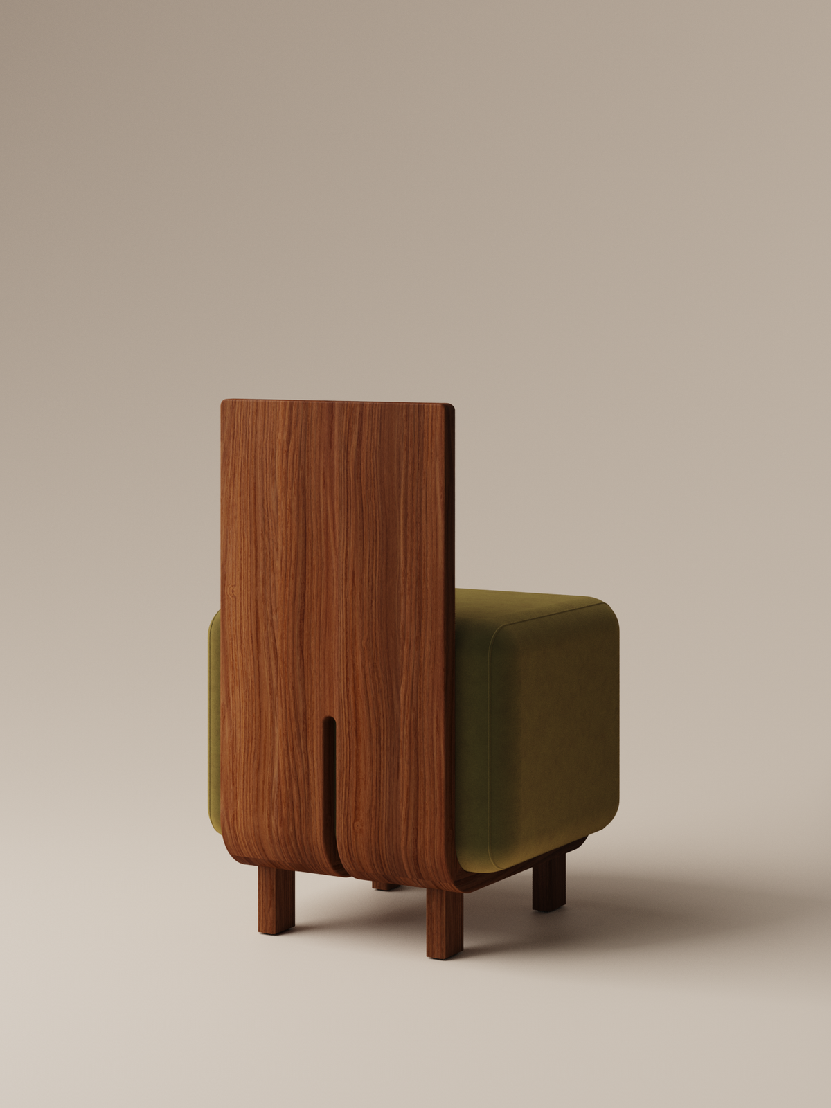Form and Moment Onigi Chair in North American Black Walnut with Olive Green Velvet - Angled Back View
