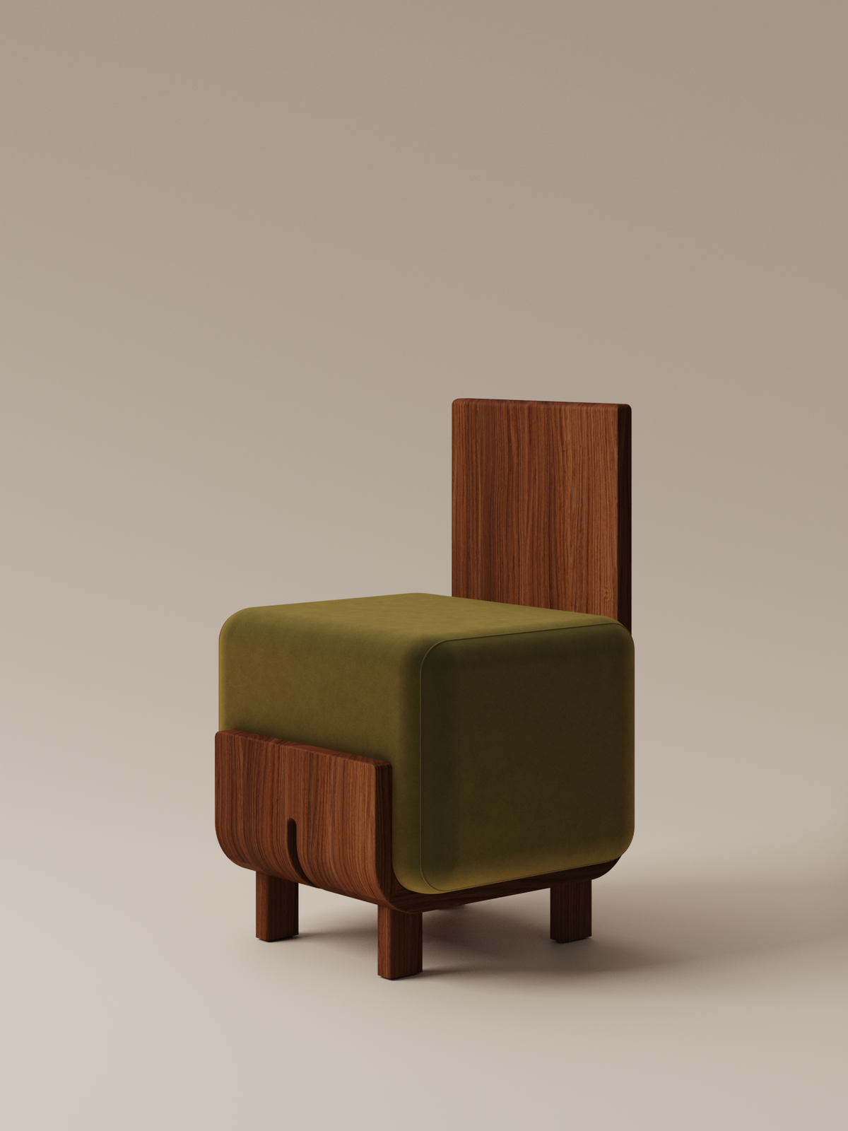 Form and Moment Onigi Chair in North American Black Walnut with Olive Green Velvet - Front-Left View