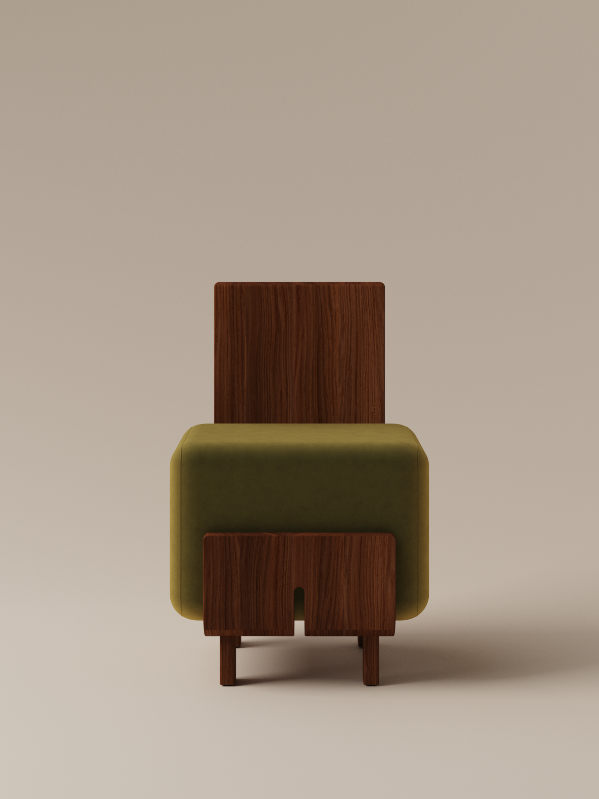 Form and Moment Onigi Chair in North American Black Walnut with Olive Green Velvet - Front View