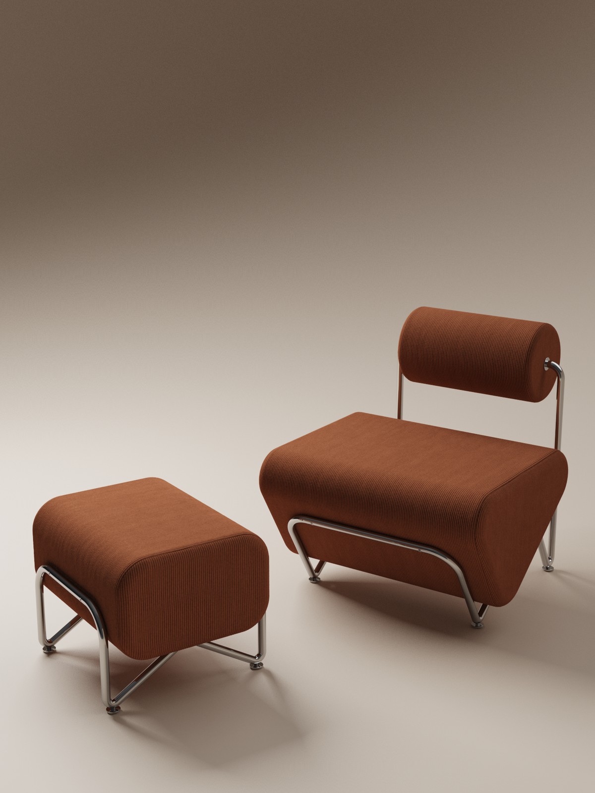 Form and Moment Trolley Lounge Chair Ottoman Set in Rich Brown Corduroy - Angled View