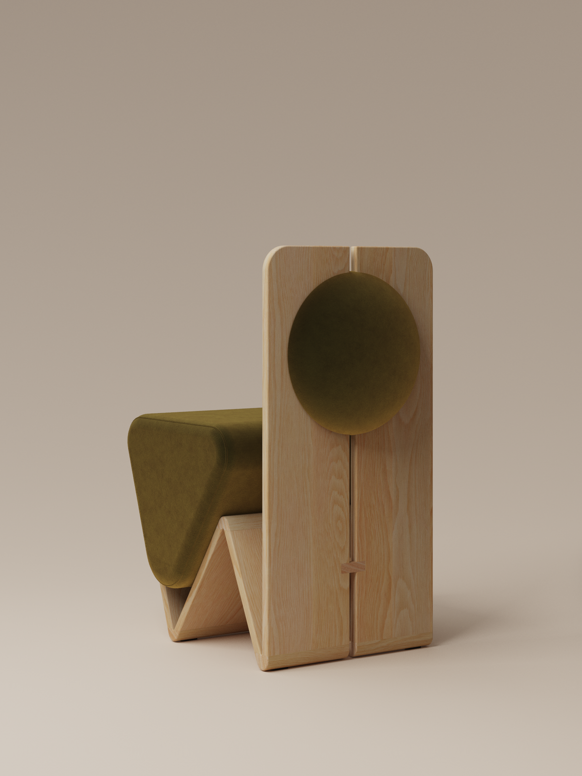 Form and Moment W Chair in North American White Ash with Olive Green Velvet - Back-Left View