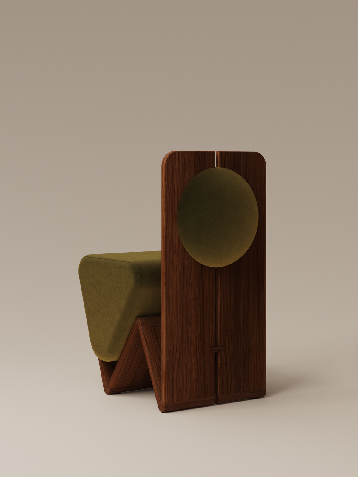 Form and Moment W Chair in North American Black Walnut with Olive Green Velvet - Back-Left View