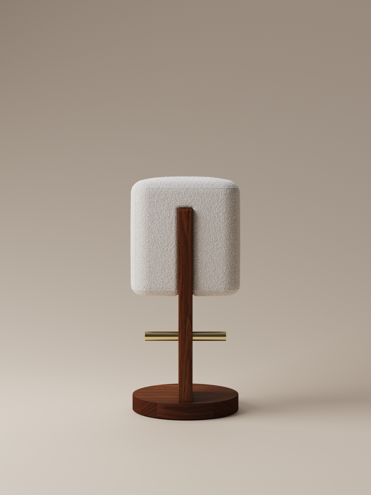 Moment 2.5 Ice Cream Bar Stool in plush cream bouclé on walnut pedestal, front view on warm neutral studio background