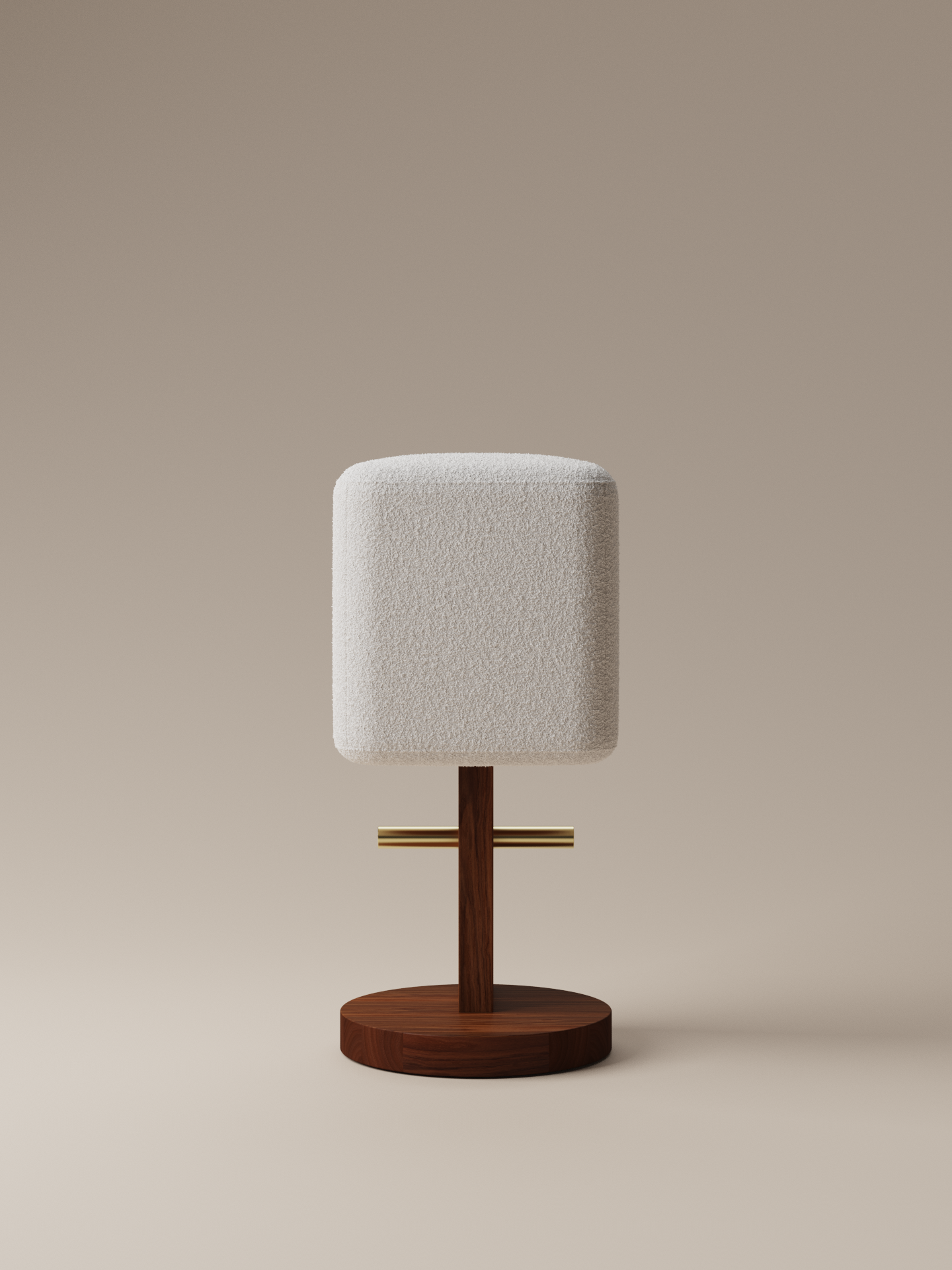 Moment 2.5 Ice Cream Bar Stool back view in cream bouclé with walnut pedestal base on warm neutral studio background