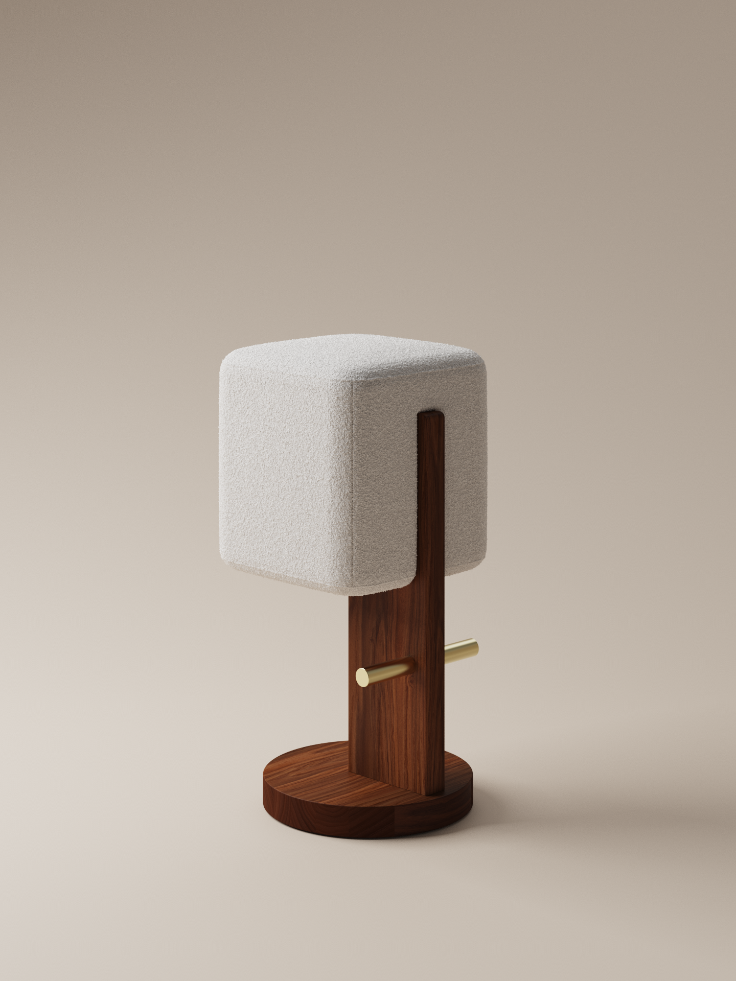 Moment 2.5 Ice Cream Bar Stool angled front view in cream bouclé with walnut pedestal on warm neutral studio background