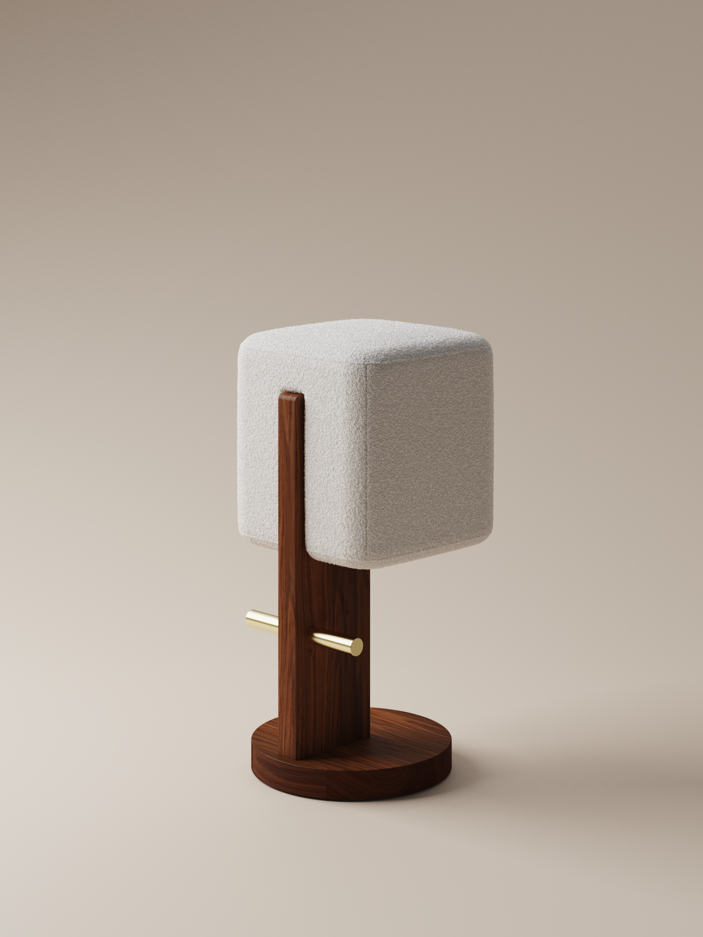 Moment 2.5 Ice Cream Bar Stool from angled front, showing plush cream bouclé seat and walnut base on warm neutral studio background