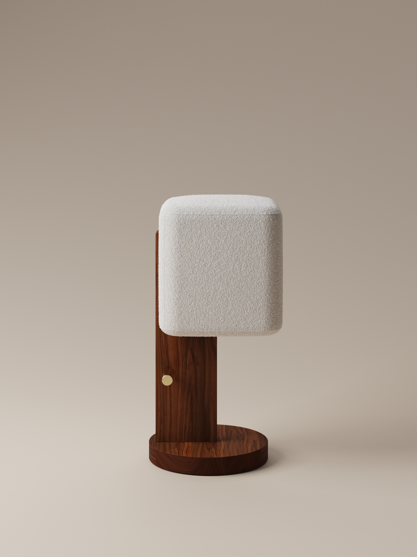 Moment 2.5 Ice Cream Bar Stool side view in cream bouclé with walnut pedestal and brass footrest on warm neutral studio background