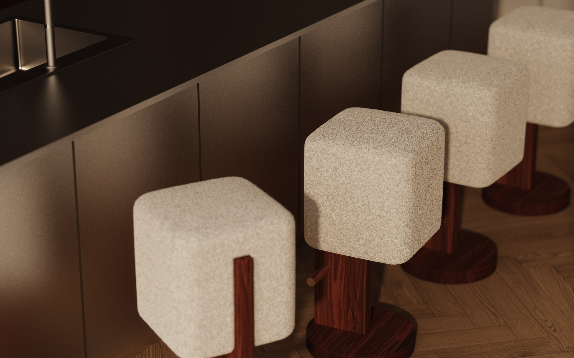 Four Form + Moment Ice Cream Bar Stools in cream bouclé with walnut pedestals and brass footrests at a contemporary curved kitchen island