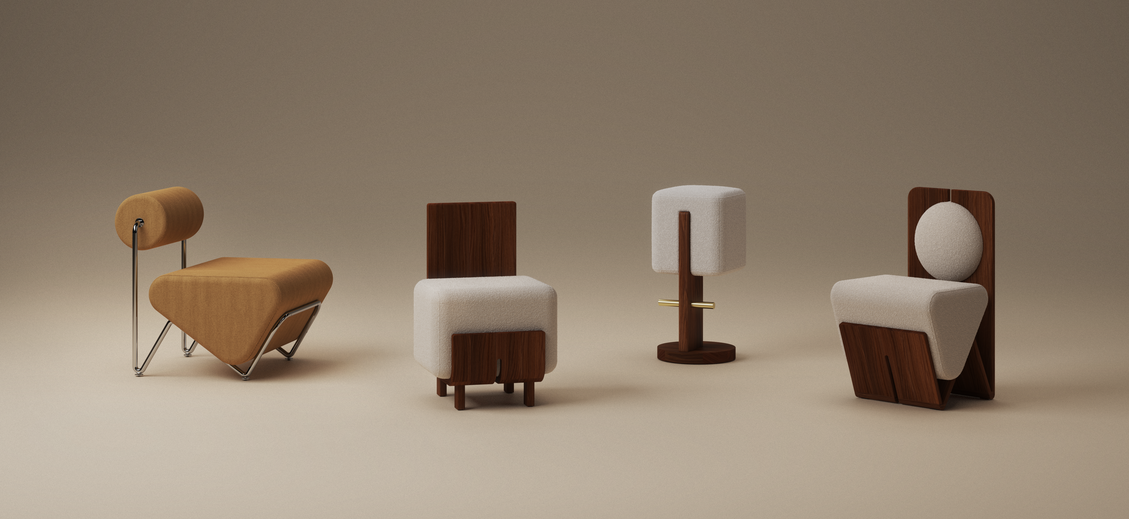 Form + Moment Moment 2.5 Collection hero banner featuring contemporary designer chairs and bar stools in plush bouclé and walnut wood