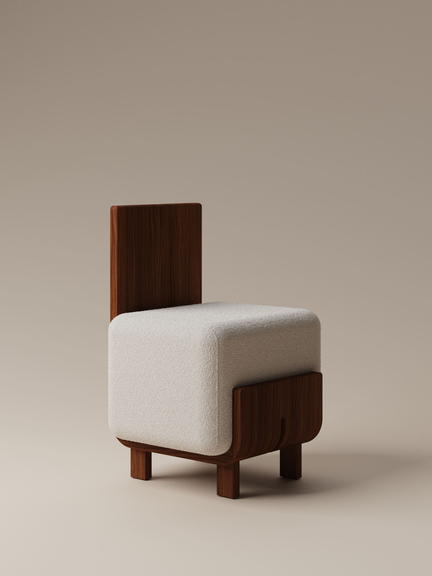 Moment 2.5 Onigi Chair angled front view in cream bouclé with walnut frame on warm neutral studio background