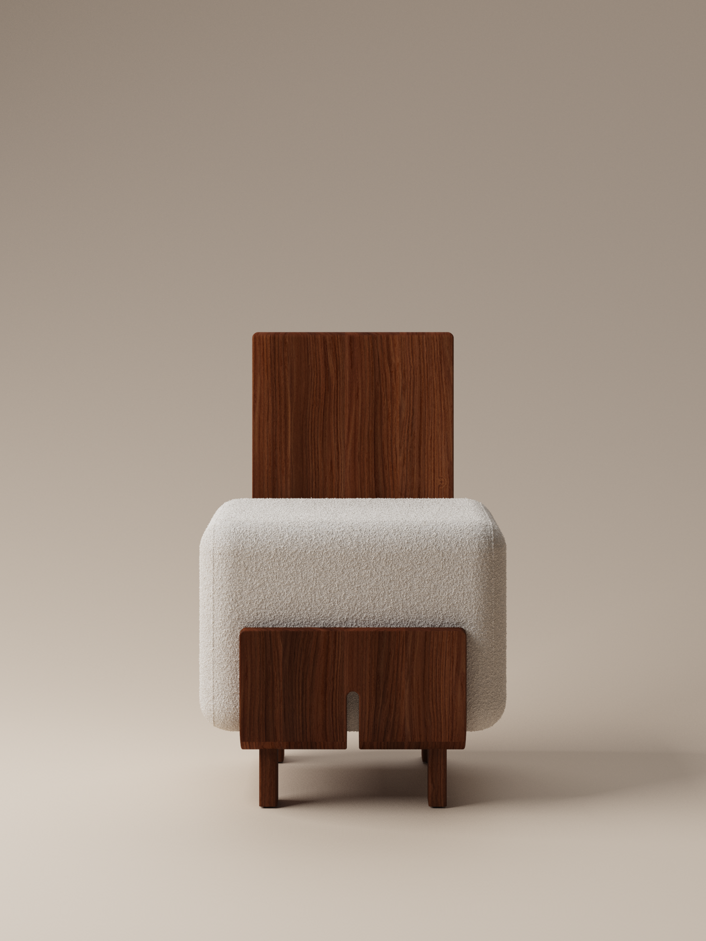 Form + Moment Onigi Chair in soft cream bouclé with sculpted walnut wood base, clean front view on warm neutral studio background