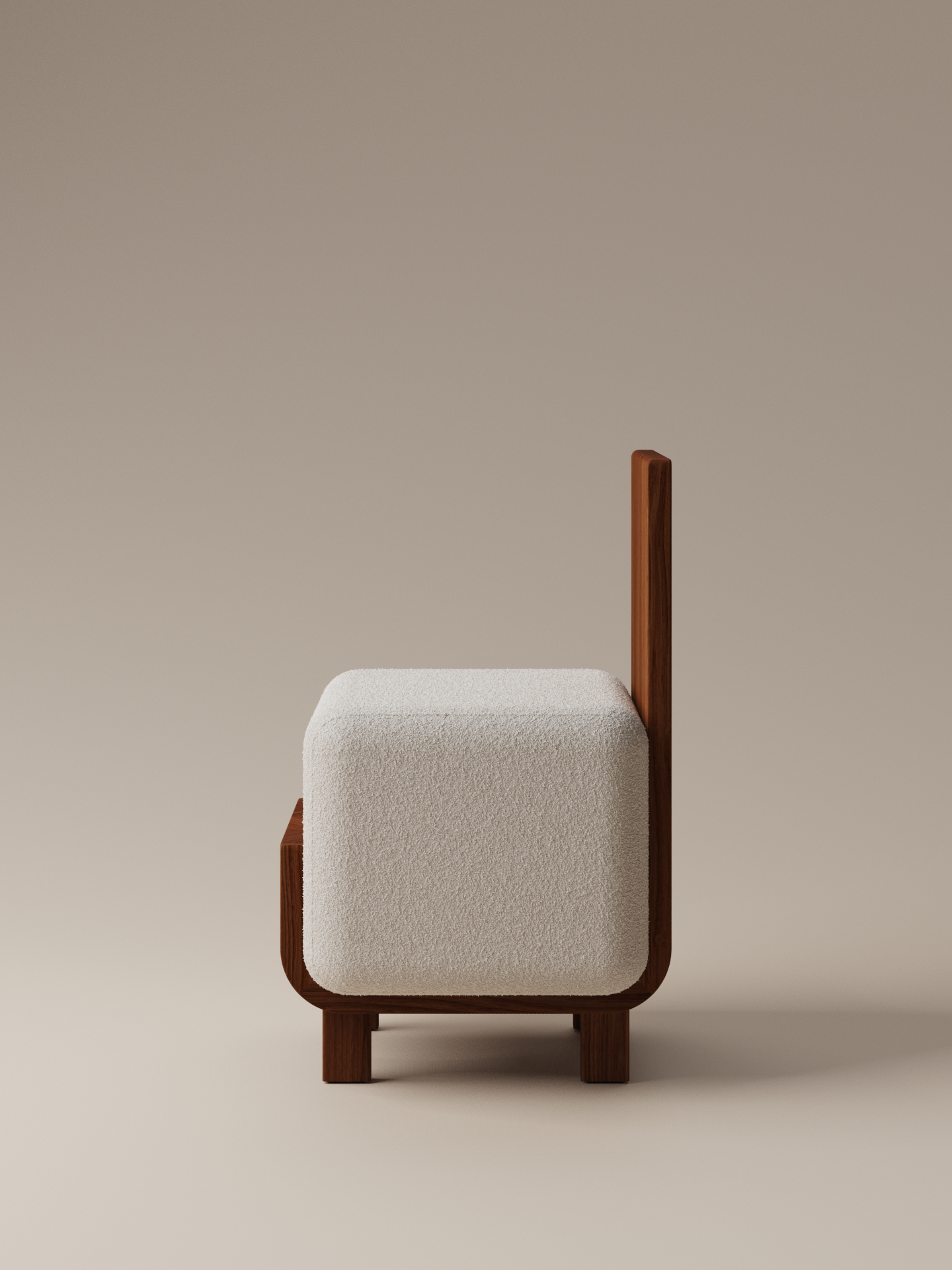 Moment 2.5 Onigi Chair side view in soft cream bouclé with ergonomic walnut frame on warm neutral studio background