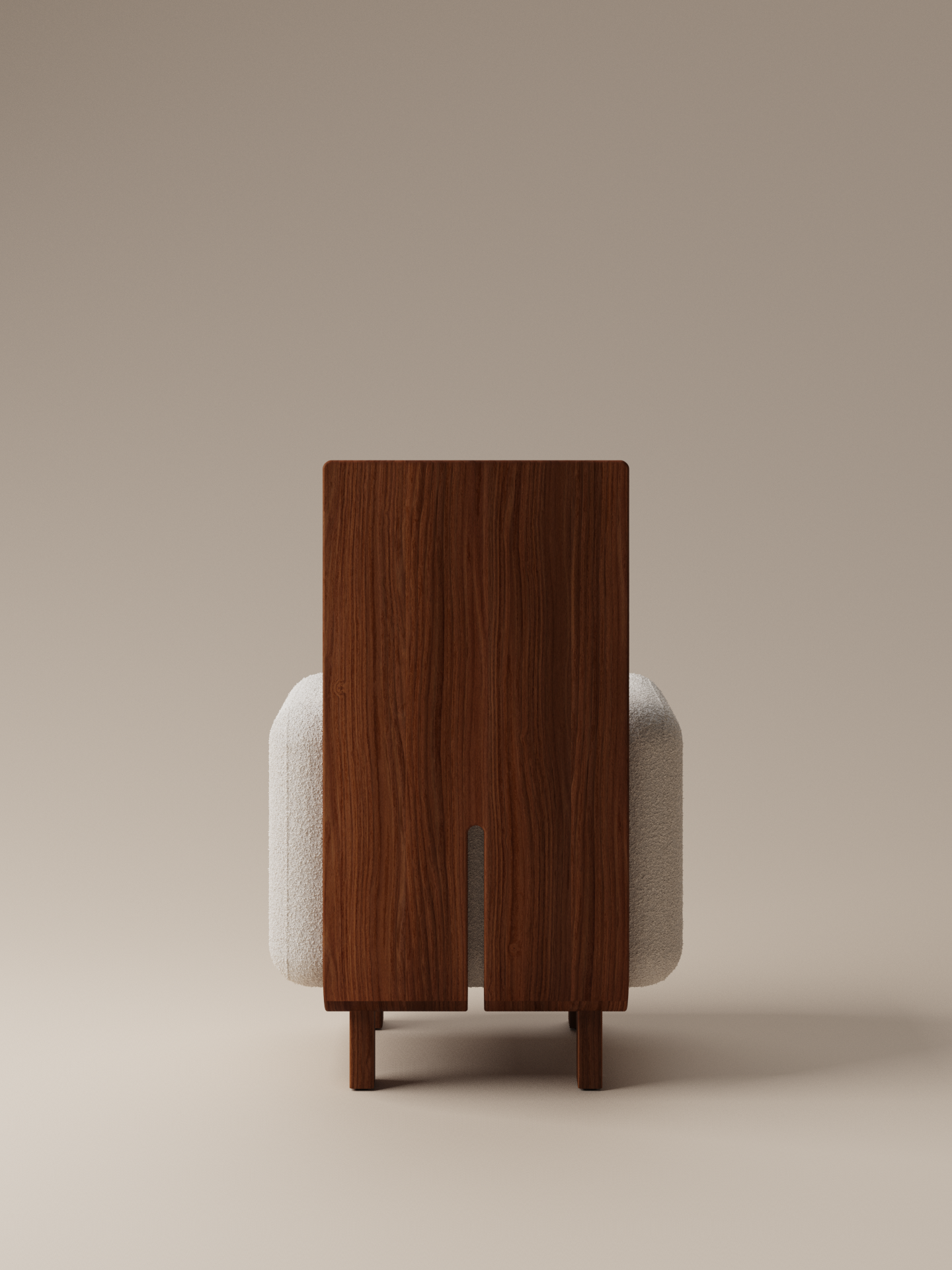 Moment 2.5 Onigi Chair back view in cream bouclé with sculpted walnut wood frame on warm neutral studio background