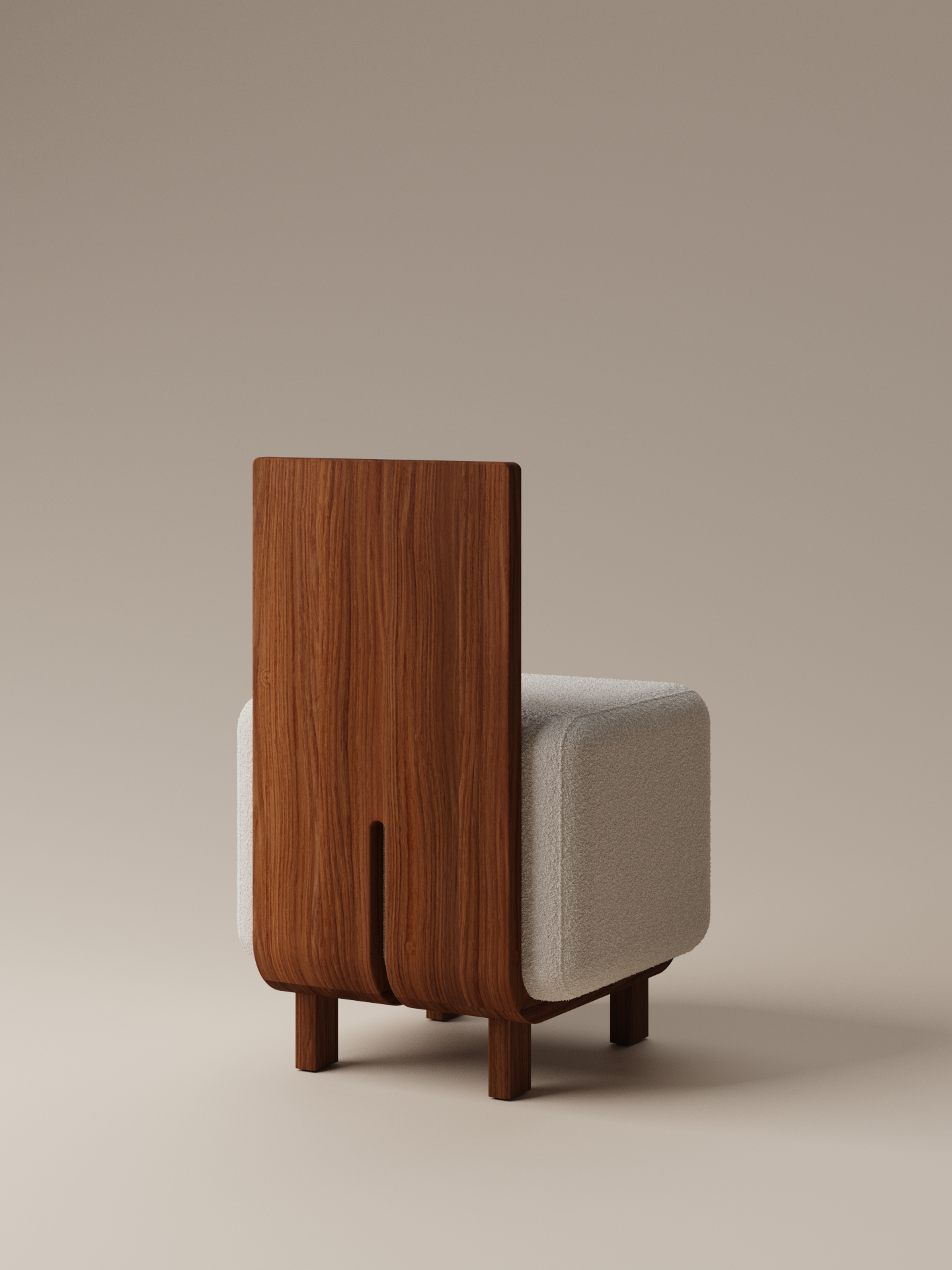 Moment 2.5 Onigi Chair in cream bouclé, angled back view showing walnut wood frame on warm neutral studio background