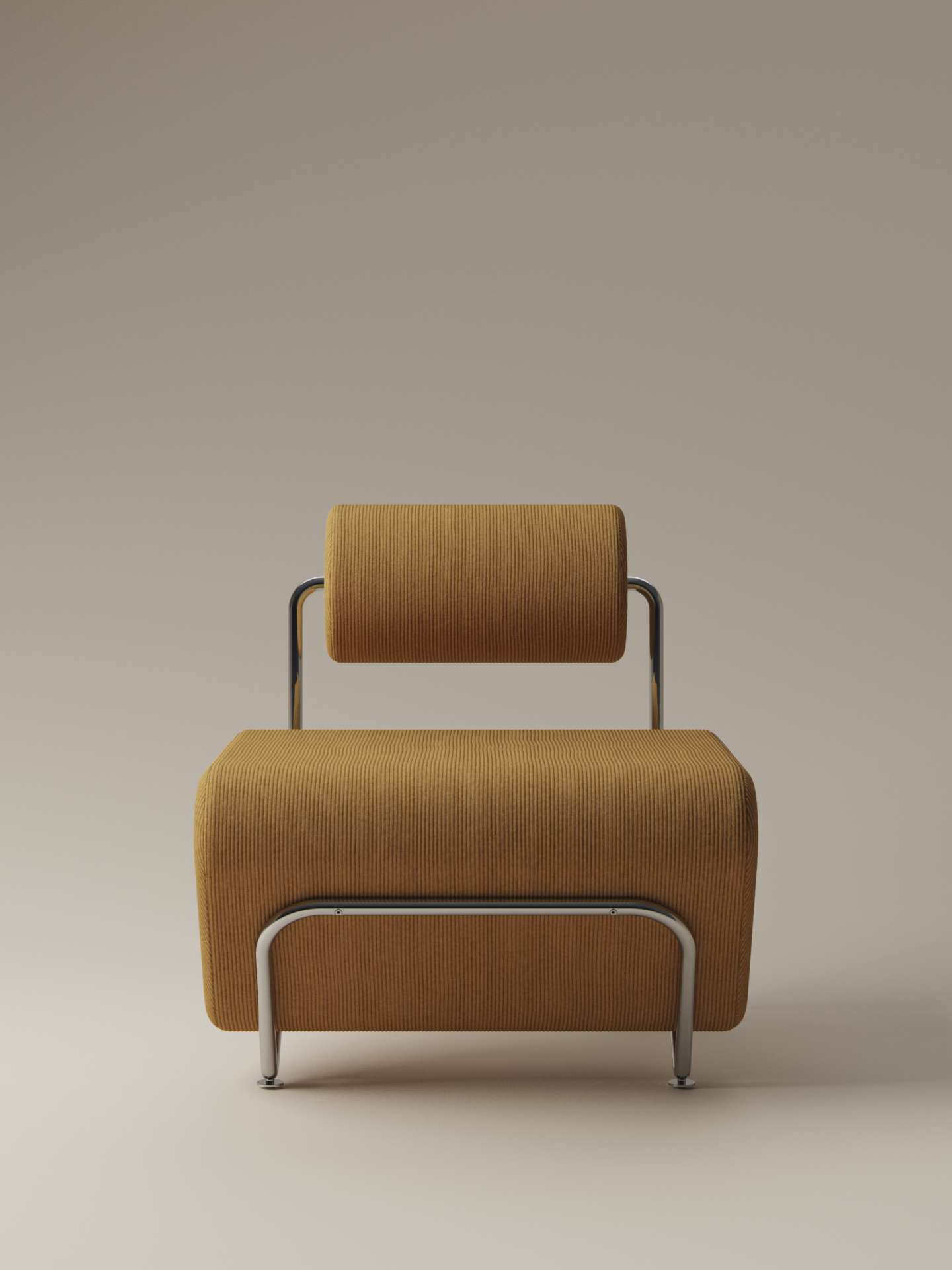 Moment 2.5 Trolley Lounge Chair in warm mustard corduroy upholstery with chrome-plated frame, front view on warm neutral studio background