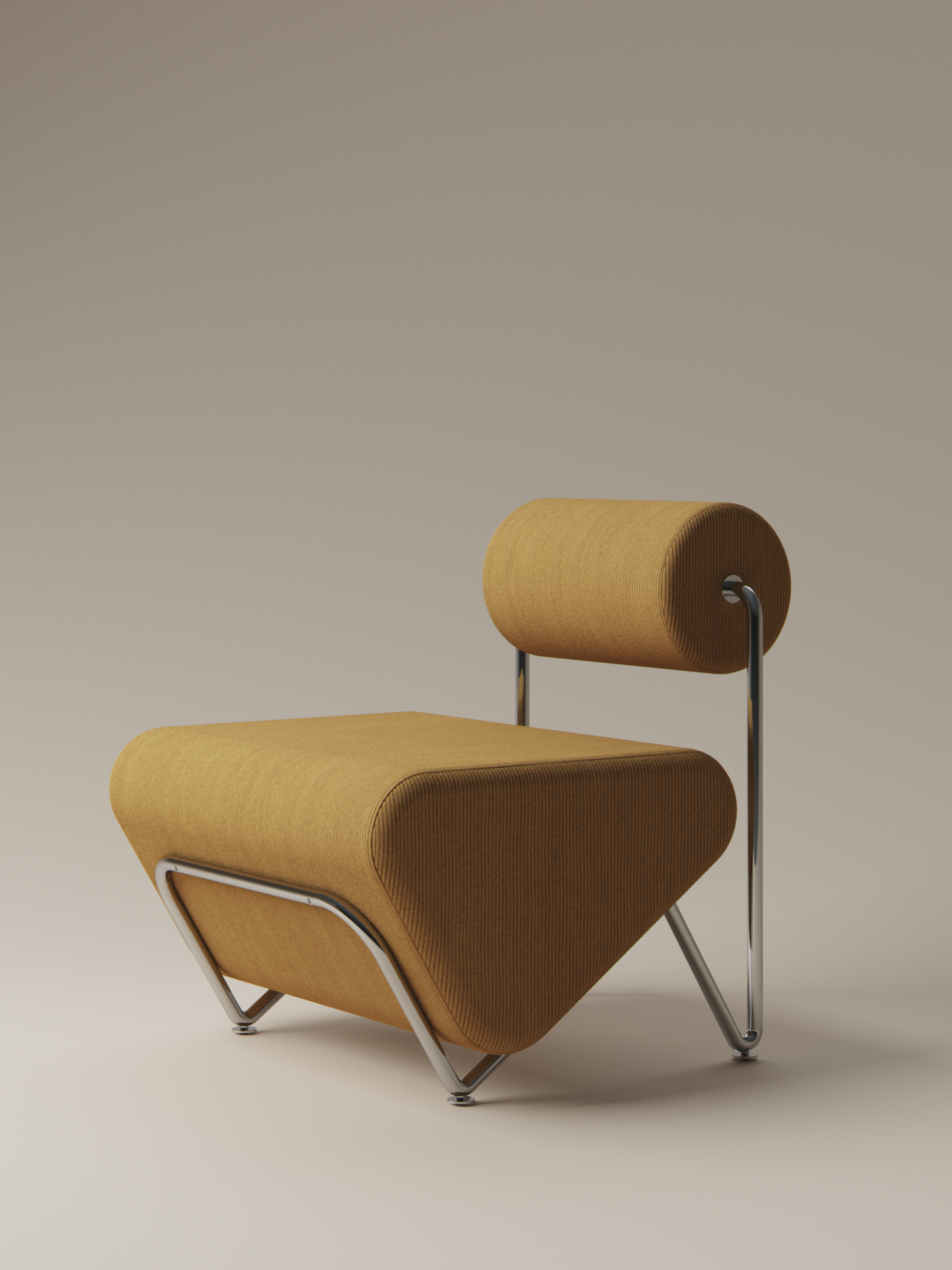 Moment 2.5 Trolley Lounge Chair angled front view in warm mustard corduroy with chrome-plated stainless steel frame on warm neutral studio background