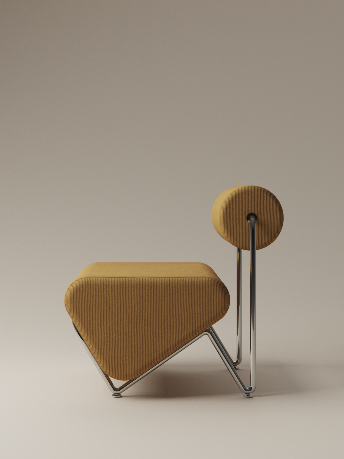 Moment 2.5 Trolley Lounge Chair side view in warm mustard corduroy showing sculptural chrome-plated frame on warm neutral studio background