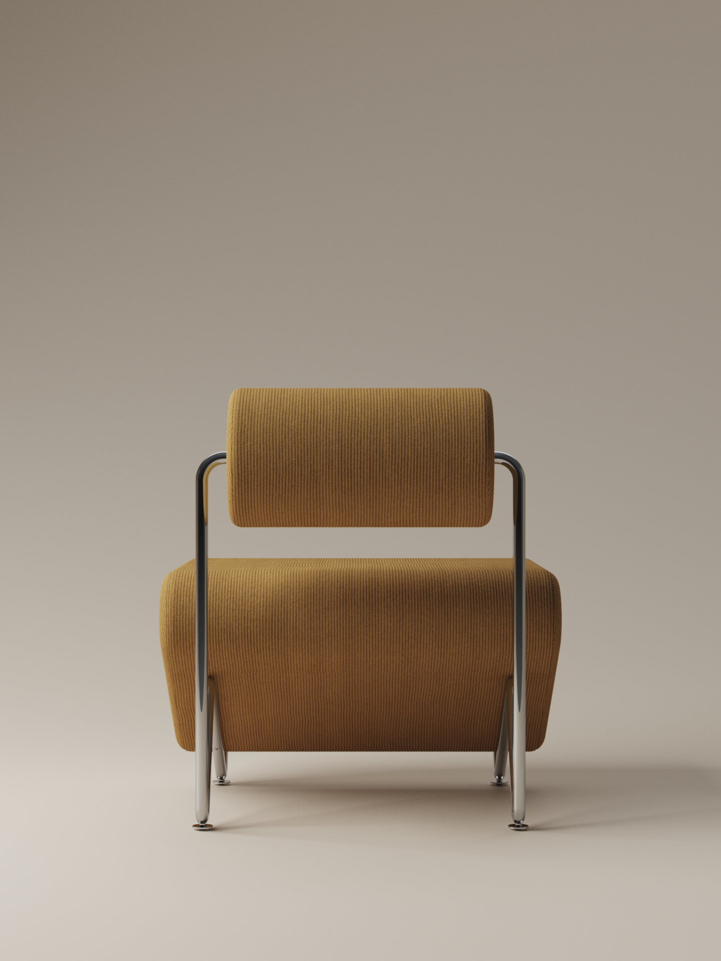 Moment 2.5 Trolley Lounge Chair back view in warm mustard corduroy with chrome-plated frame on warm neutral studio background