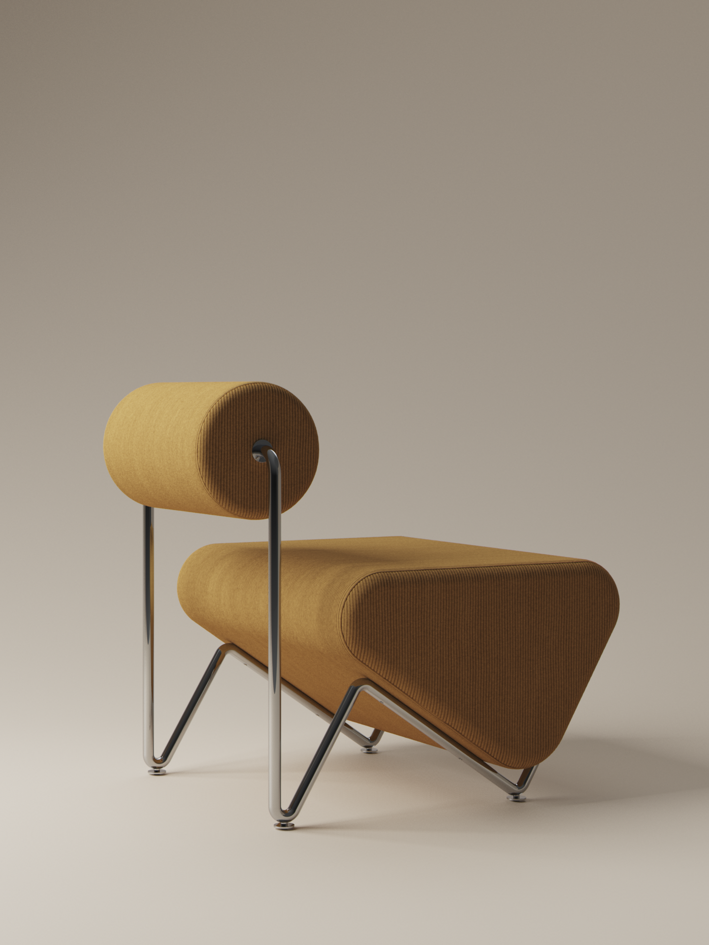 Moment 2.5 Trolley Lounge Chair angled back view in warm mustard corduroy with chrome-plated stainless steel frame on warm neutral studio background
