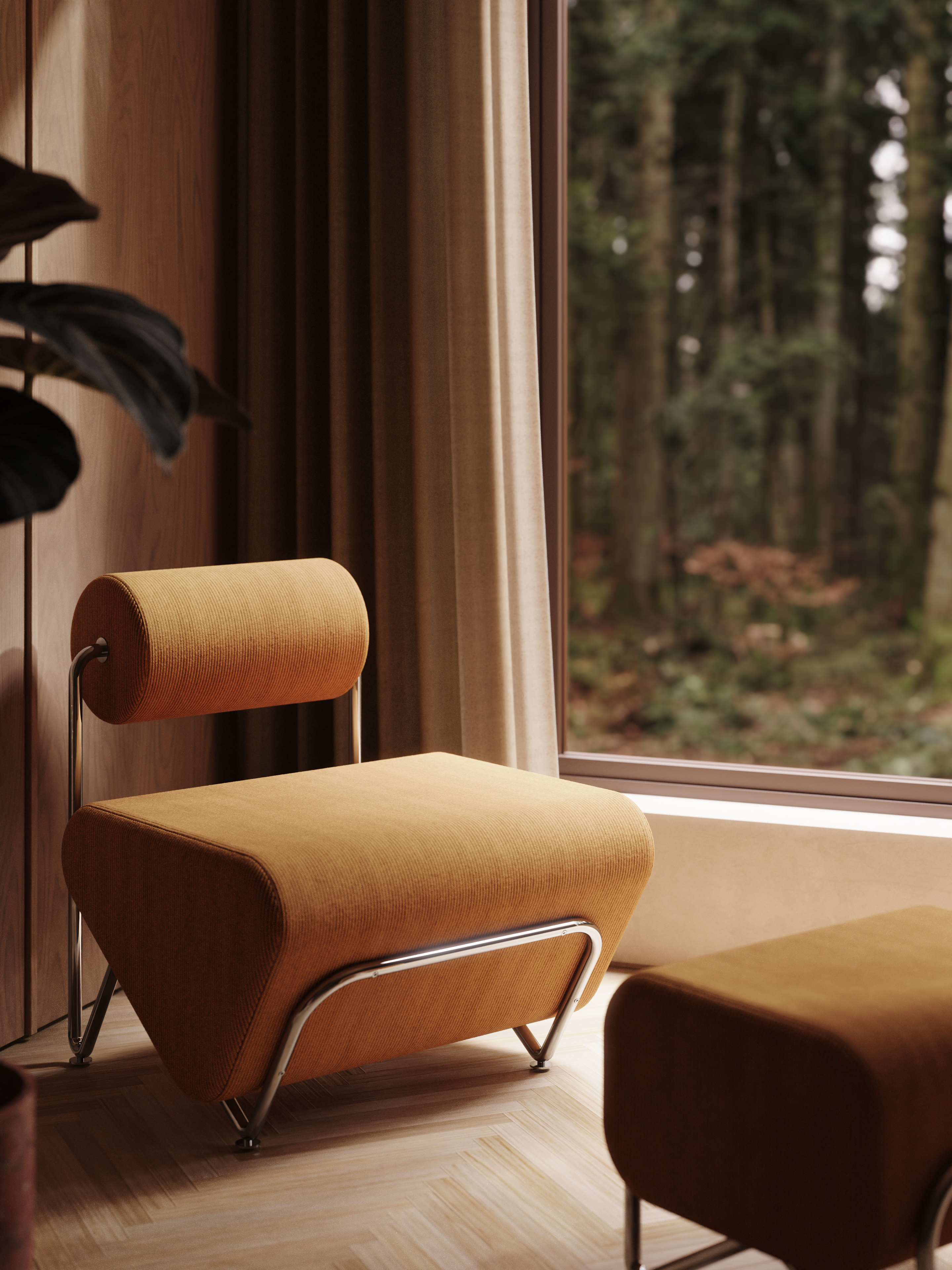 Form + Moment Trolley Lounge Chair and ottoman set in warm mustard corduroy with chrome-plated stainless steel frame, lifestyle view by window