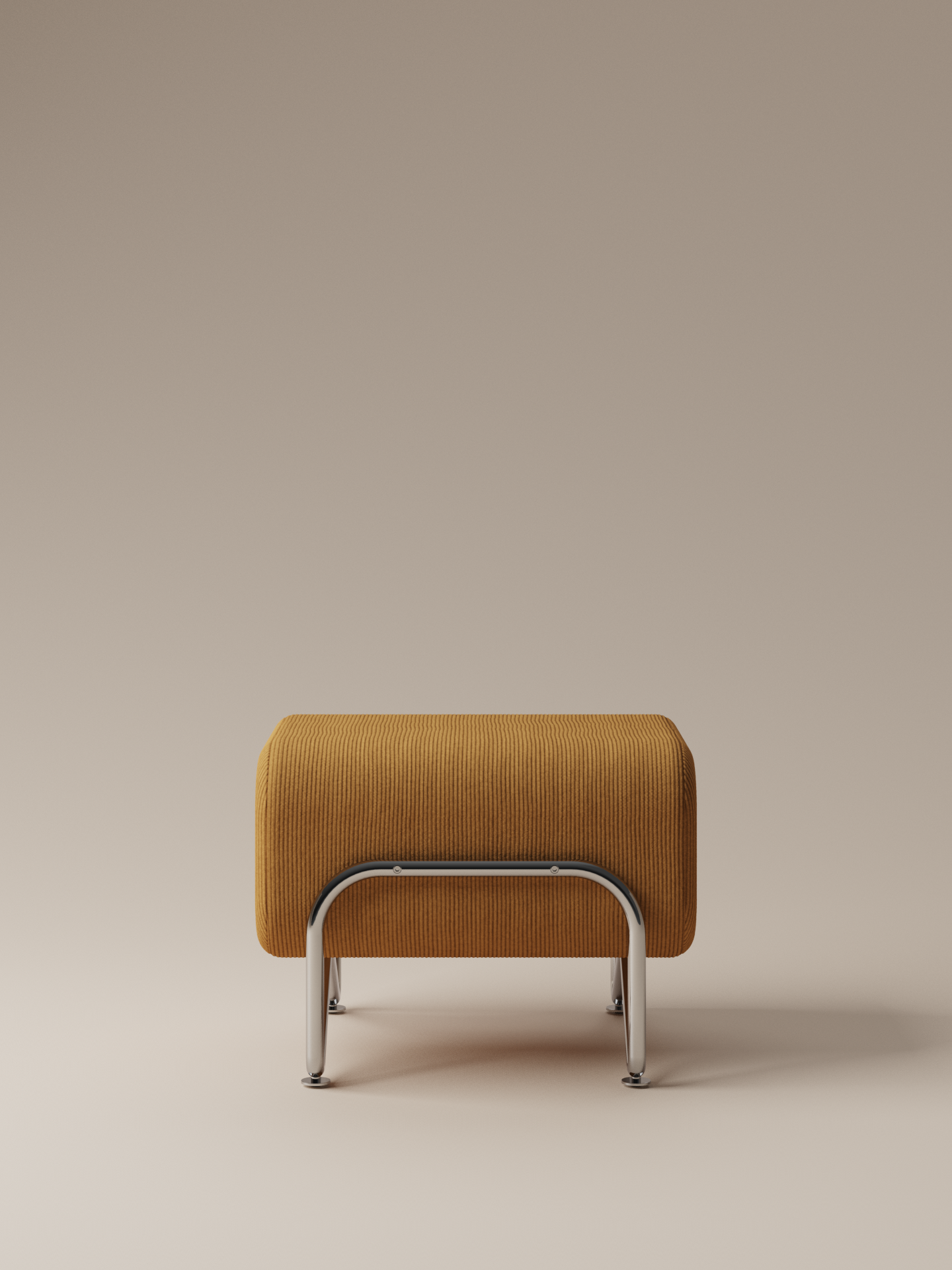Moment 2.5 Trolley Ottoman in warm mustard corduroy with chrome-plated stainless steel frame, front view on warm neutral studio background