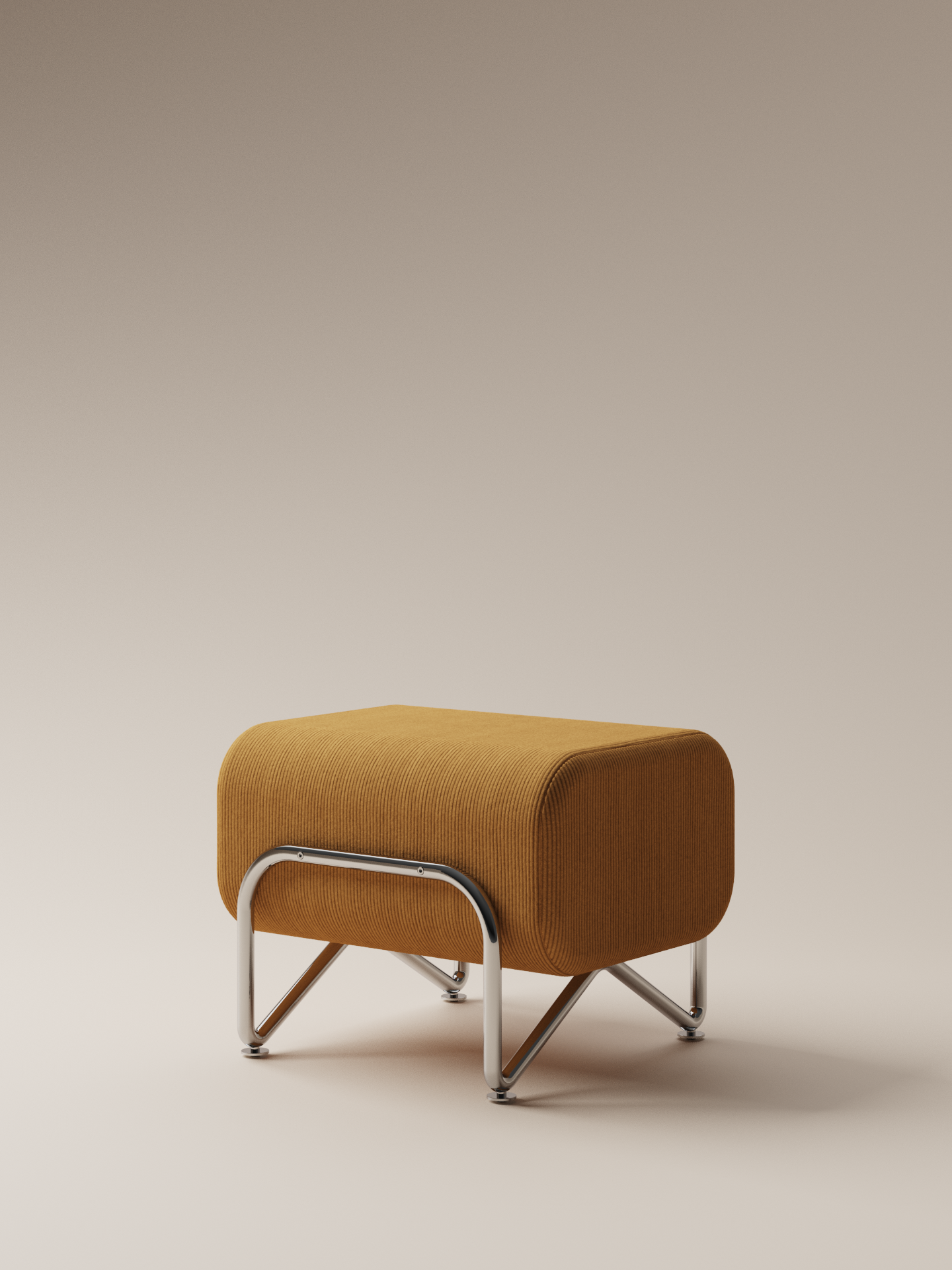 Moment 2.5 Trolley Ottoman angled view in warm mustard corduroy on chrome-plated base, showing sculptural form on warm neutral studio background