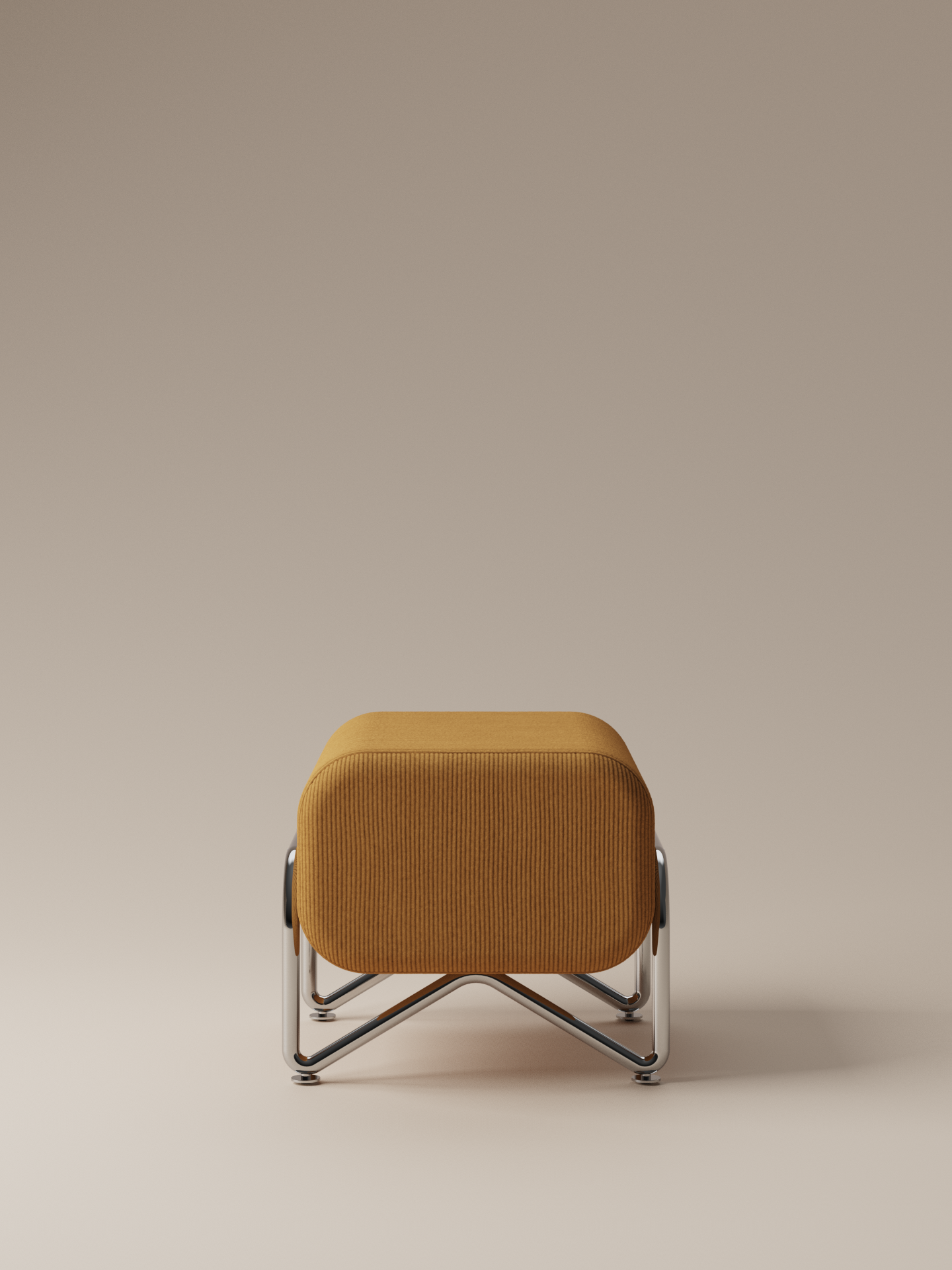 Moment 2.5 Trolley Ottoman side view in plush warm mustard corduroy with chrome-plated stainless steel frame on warm neutral studio background