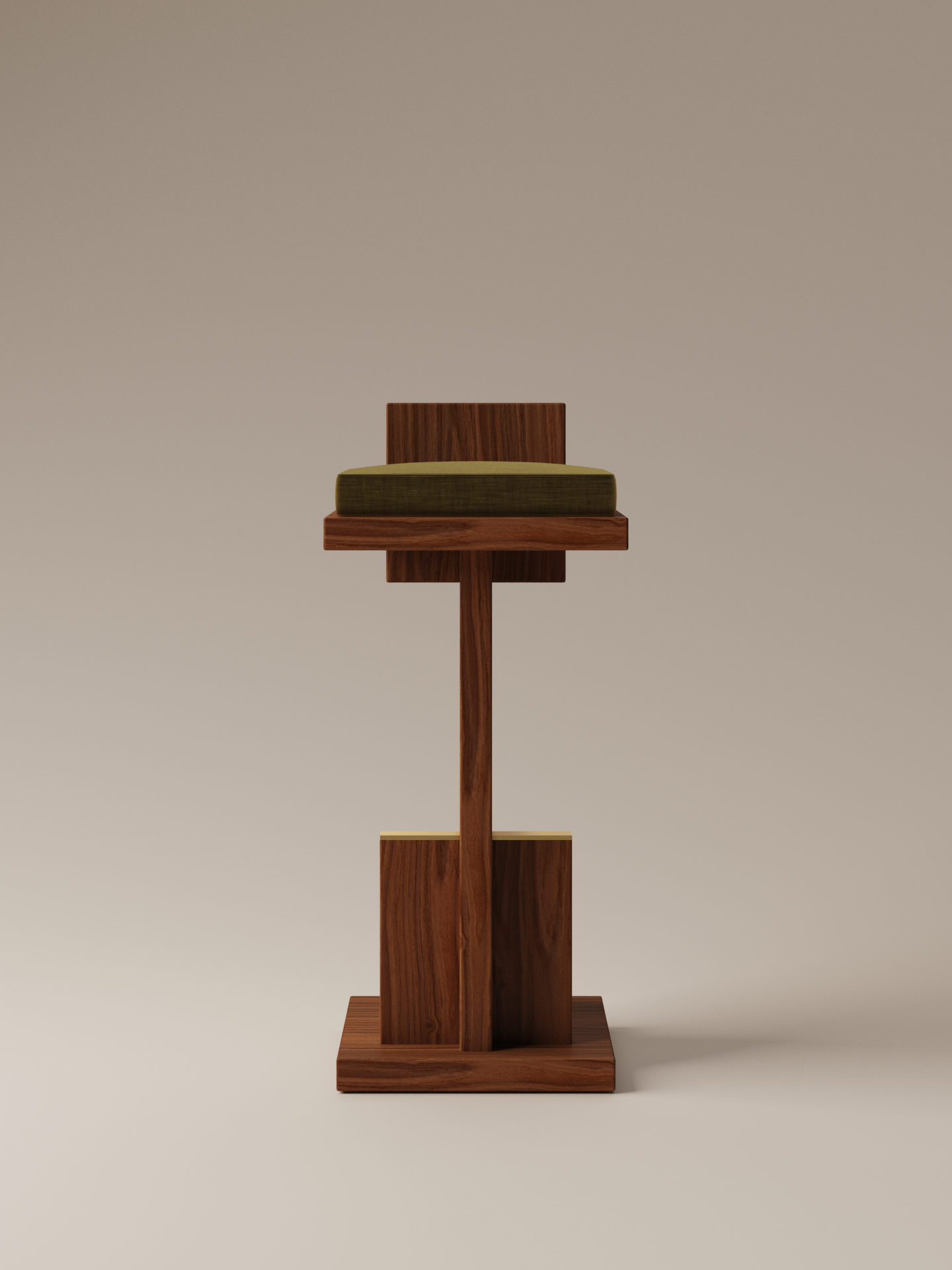 Moment 2.5 Uiro Bar Stool in Uiro Green Velvet with walnut wood base and brass footrest, front view on warm neutral studio background