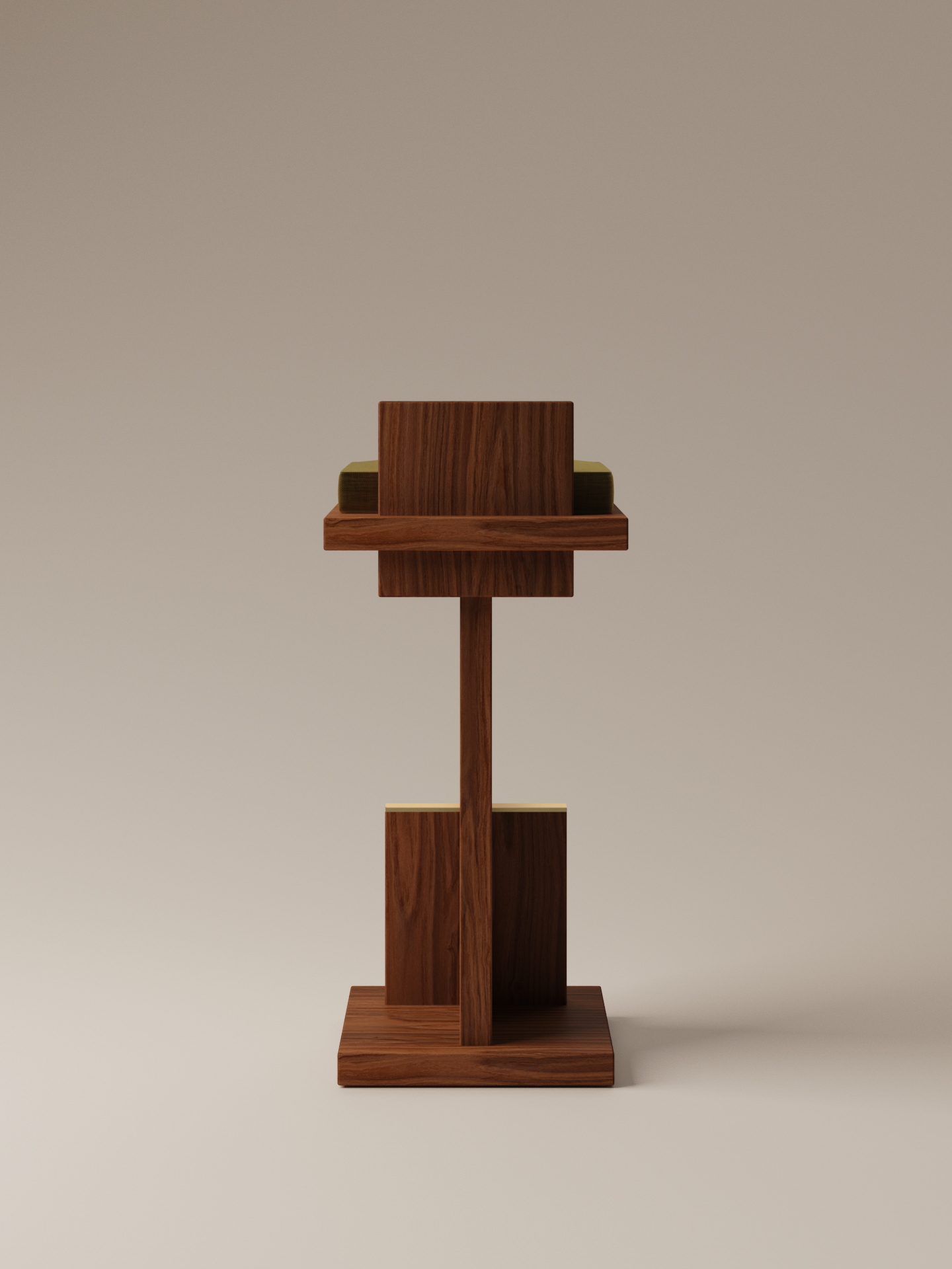 Moment 2.5 Uiro Bar Stool back view in Uiro Green Velvet with sculpted walnut wood base and brass footrest on warm neutral studio background