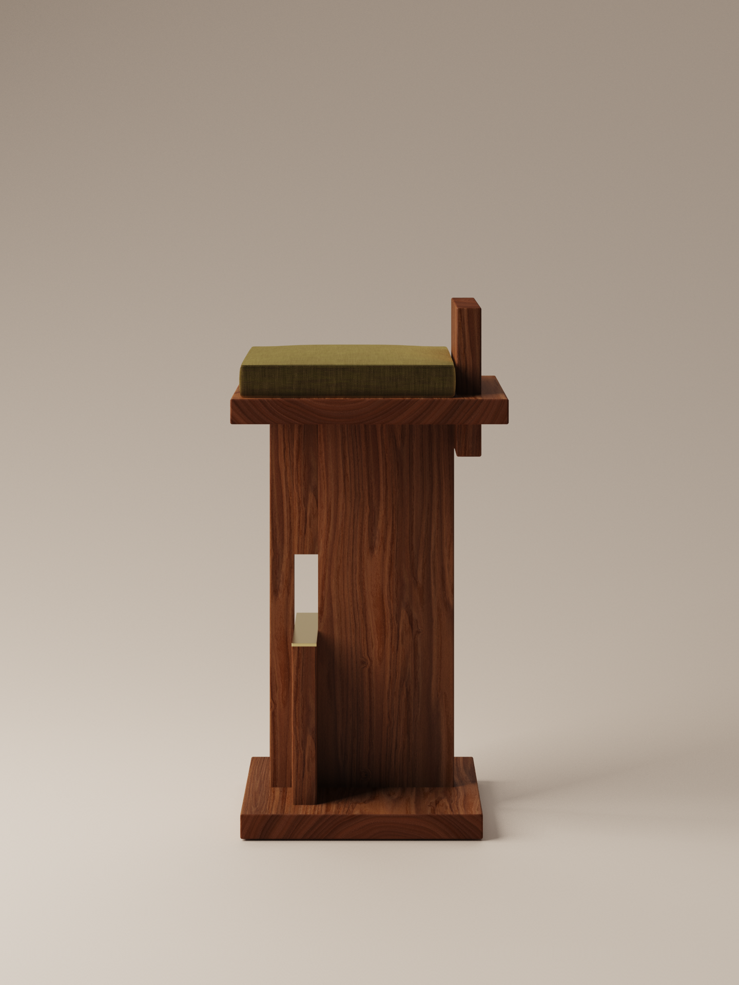 Moment 2.5 Uiro Bar Stool side view in plush Uiro Green Velvet showing brass footrest and walnut base on warm neutral studio background