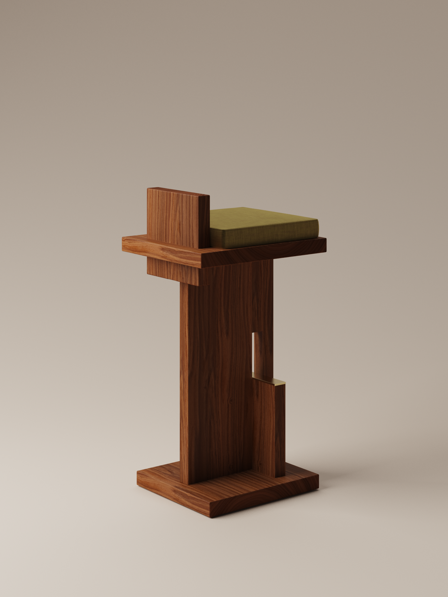 Moment 2.5 Uiro Bar Stool angled back view in Uiro Green Velvet highlighting brass footrest and walnut frame on warm neutral studio background