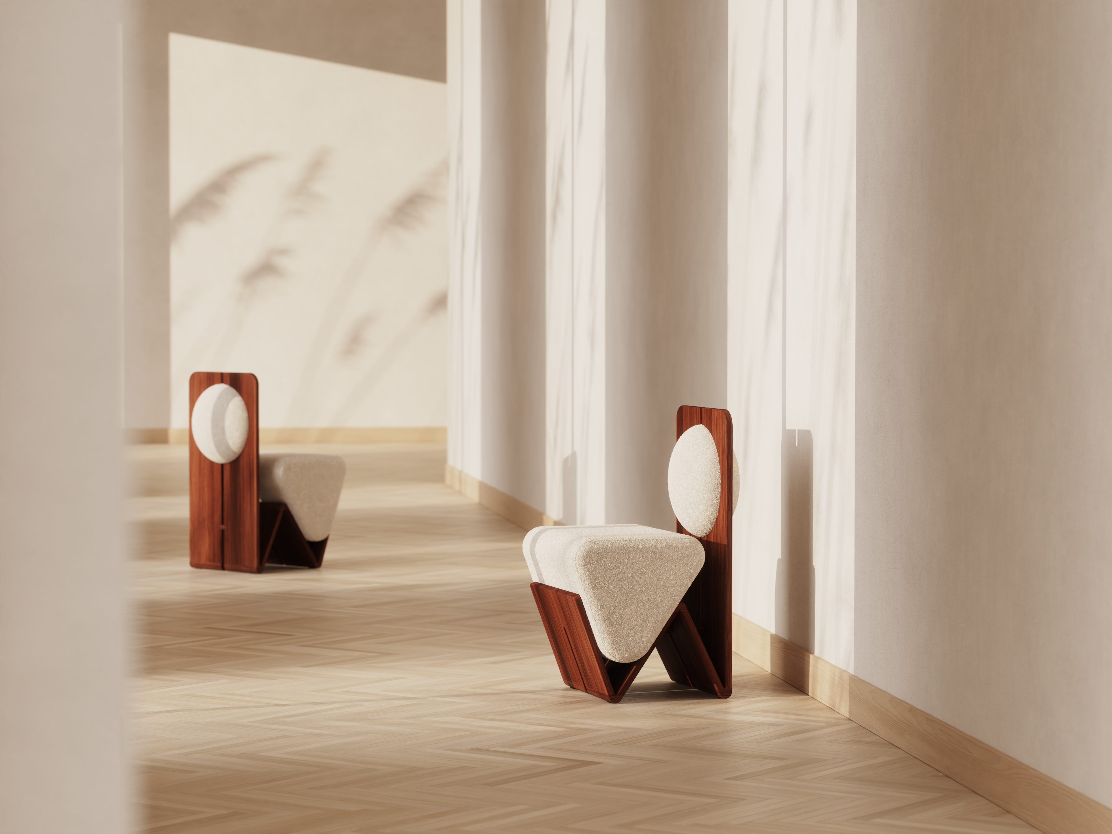 Form + Moment W Chair in cream bouclé upholstery highlighting bold W-shaped wooden frame, angled lifestyle shot