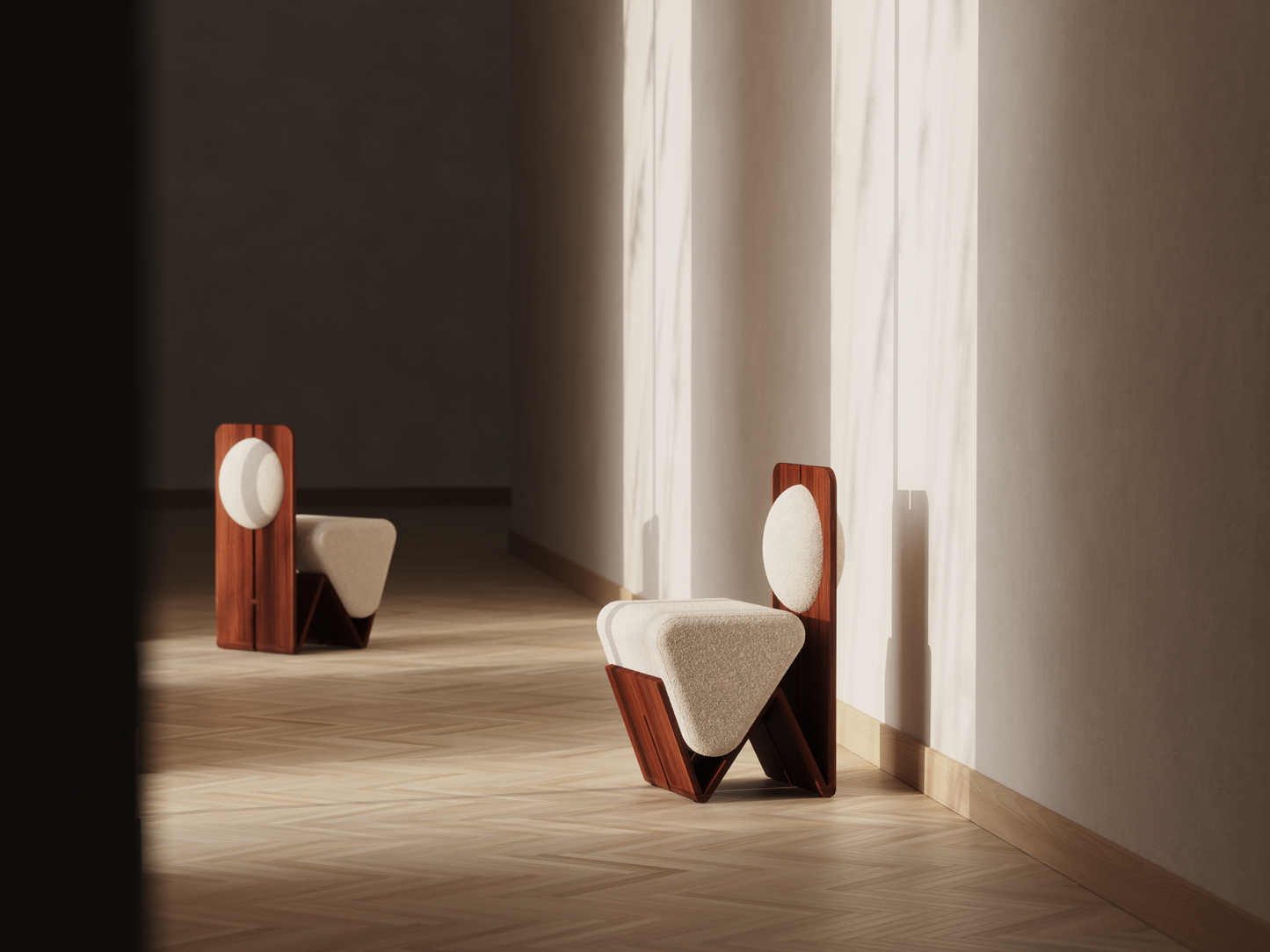 Form + Moment W Chair in soft bouclé fabric on sculpted walnut wood base, side view in minimalist modern interior