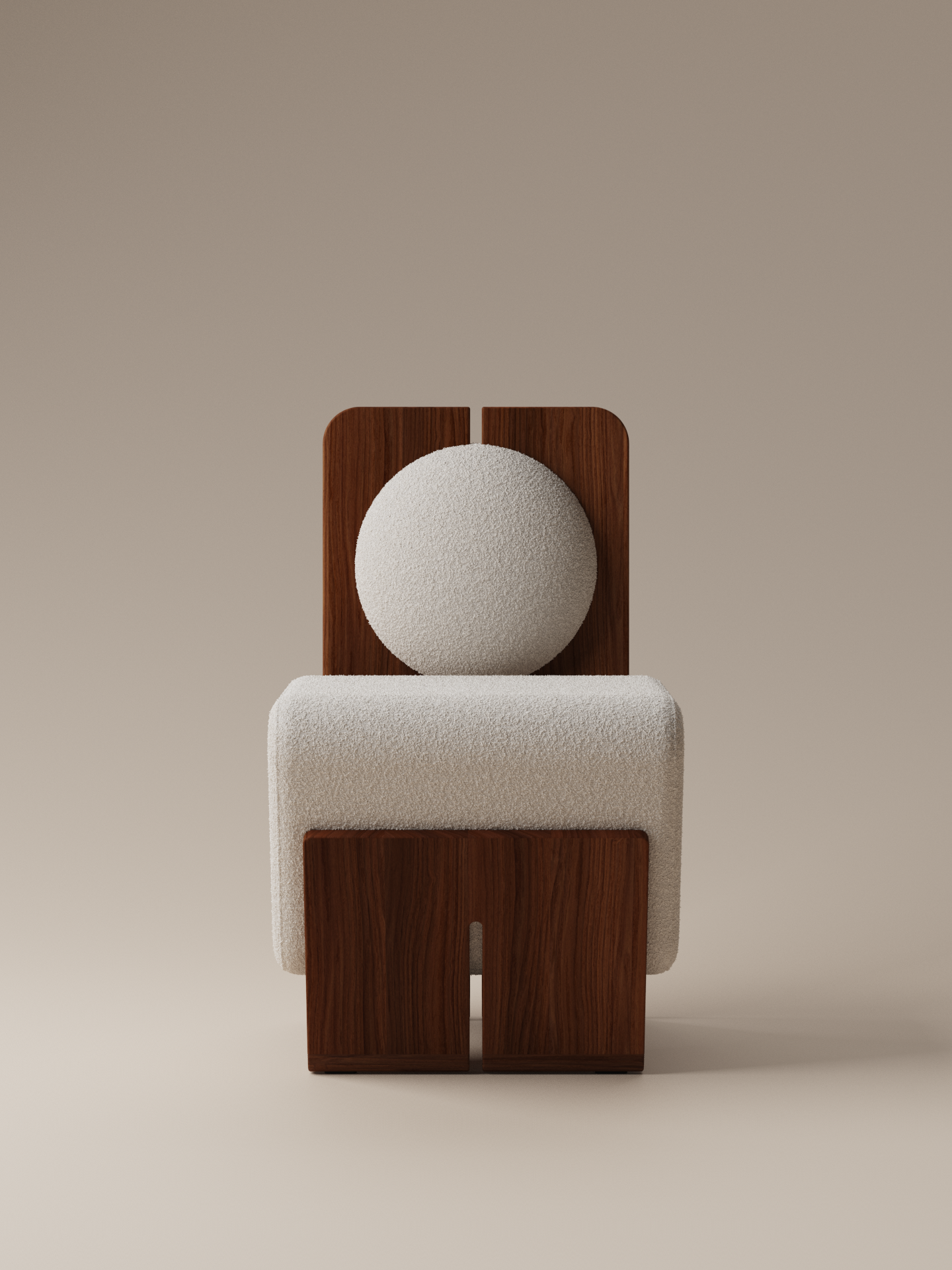 Form + Moment Moment 2.5 W Chair in cream bouclé with signature W-shaped walnut wood frame, front view on on warm neutral studio background