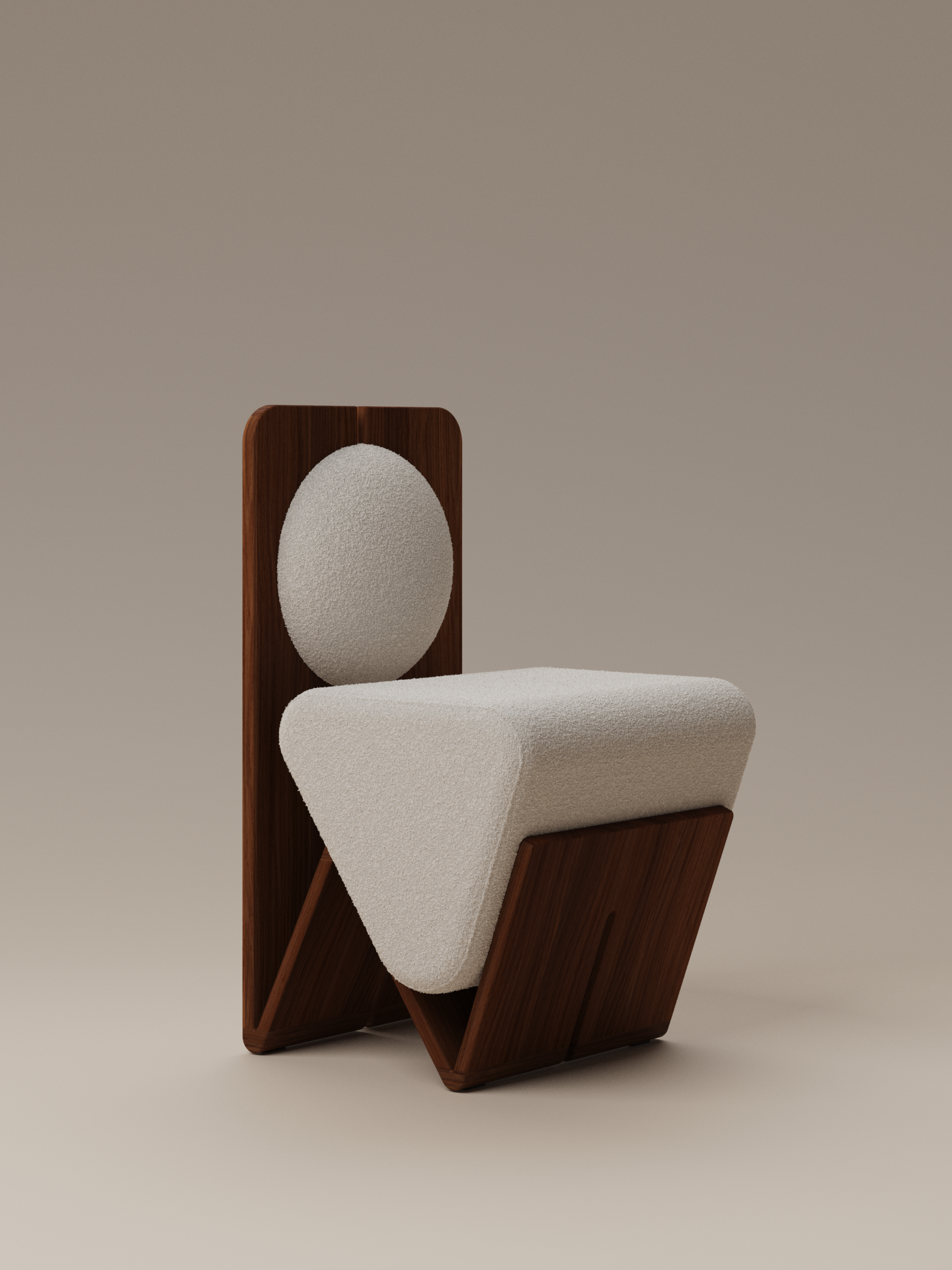 Moment 2.5 W Chair from angled front, showing plush cream bouclé seat and walnut wood frame on on warm neutral studio background