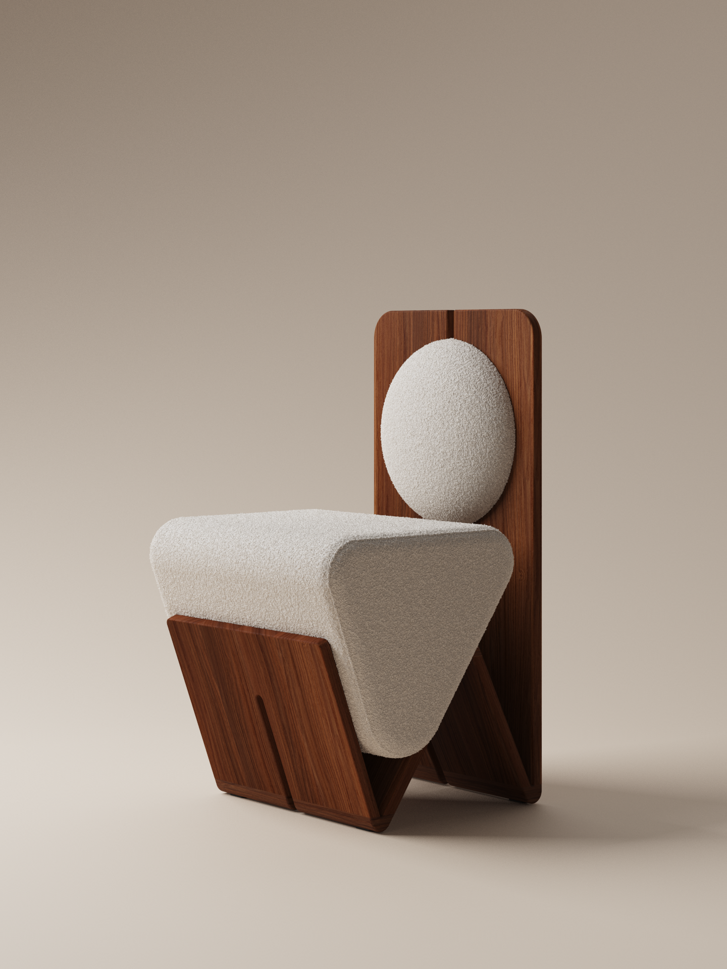 Moment 2.5 W Chair angled front view in cream bouclé with bold W-shaped walnut frame on on warm neutral studio background