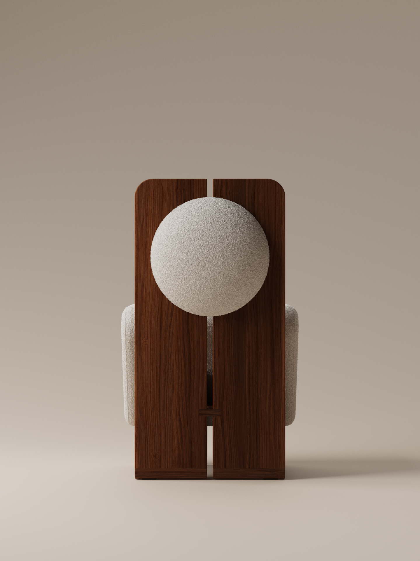 Moment 2.5 W Chair back view in cream bouclé with sculpted walnut wood frame on on warm neutral studio background