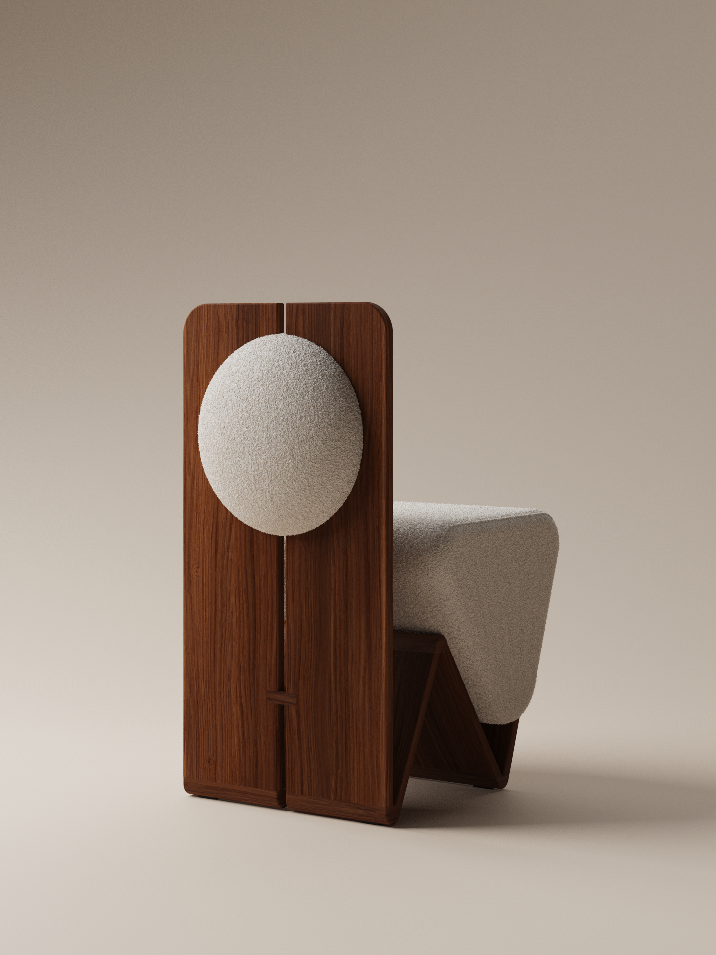 Moment 2.5 W Chair from angled back, highlighting cream bouclé backrest and walnut wood frame on warm neutral studio background