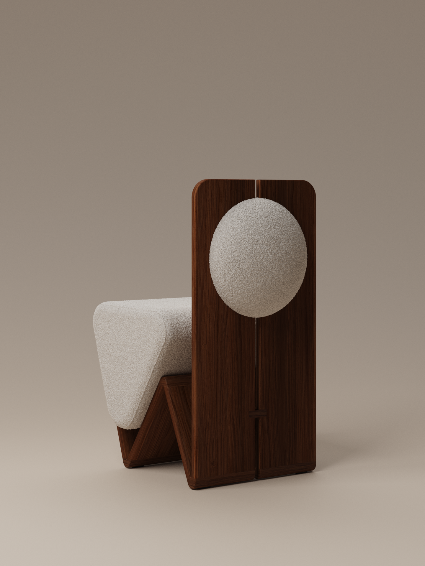 Moment 2.5 W Chair in cream bouclé, angled back view showing walnut frame structure on warm neutral studio background