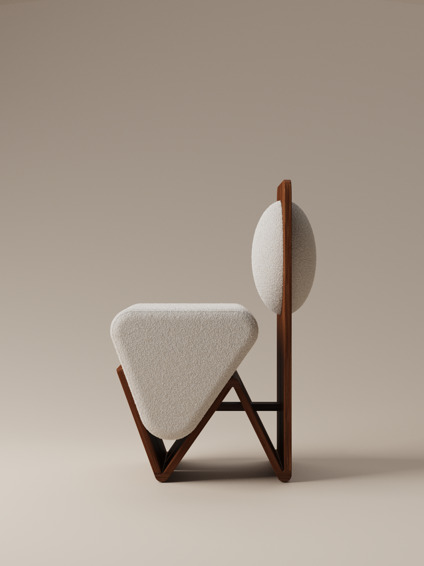 Moment 2.5 W Chair in cream bouclé with signature W-shaped walnut wood frame, side view on on warm neutral studio background